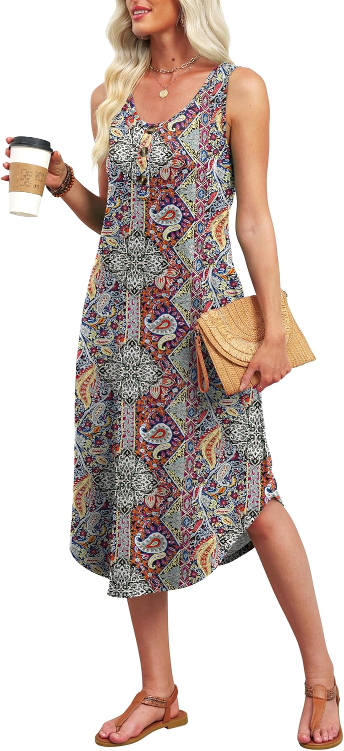 WIHOLL Summer Dresses for Women 2026 Button Front Sleeveless Casual Midi Dress Beach Vacation Sundresses with Pockets
