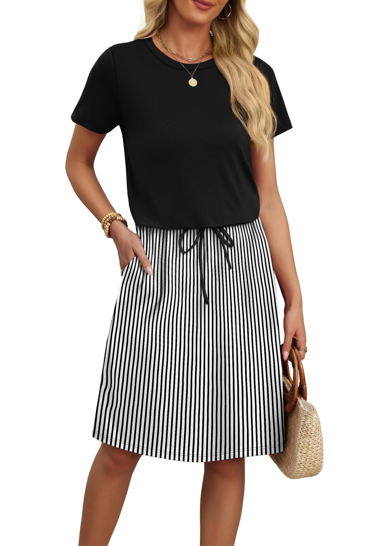OFEEFAN Womens Summer Dresses Fashion Short Sleeve Crew Neck T Shirt Sundresses Casual Tie Waist with Pockets