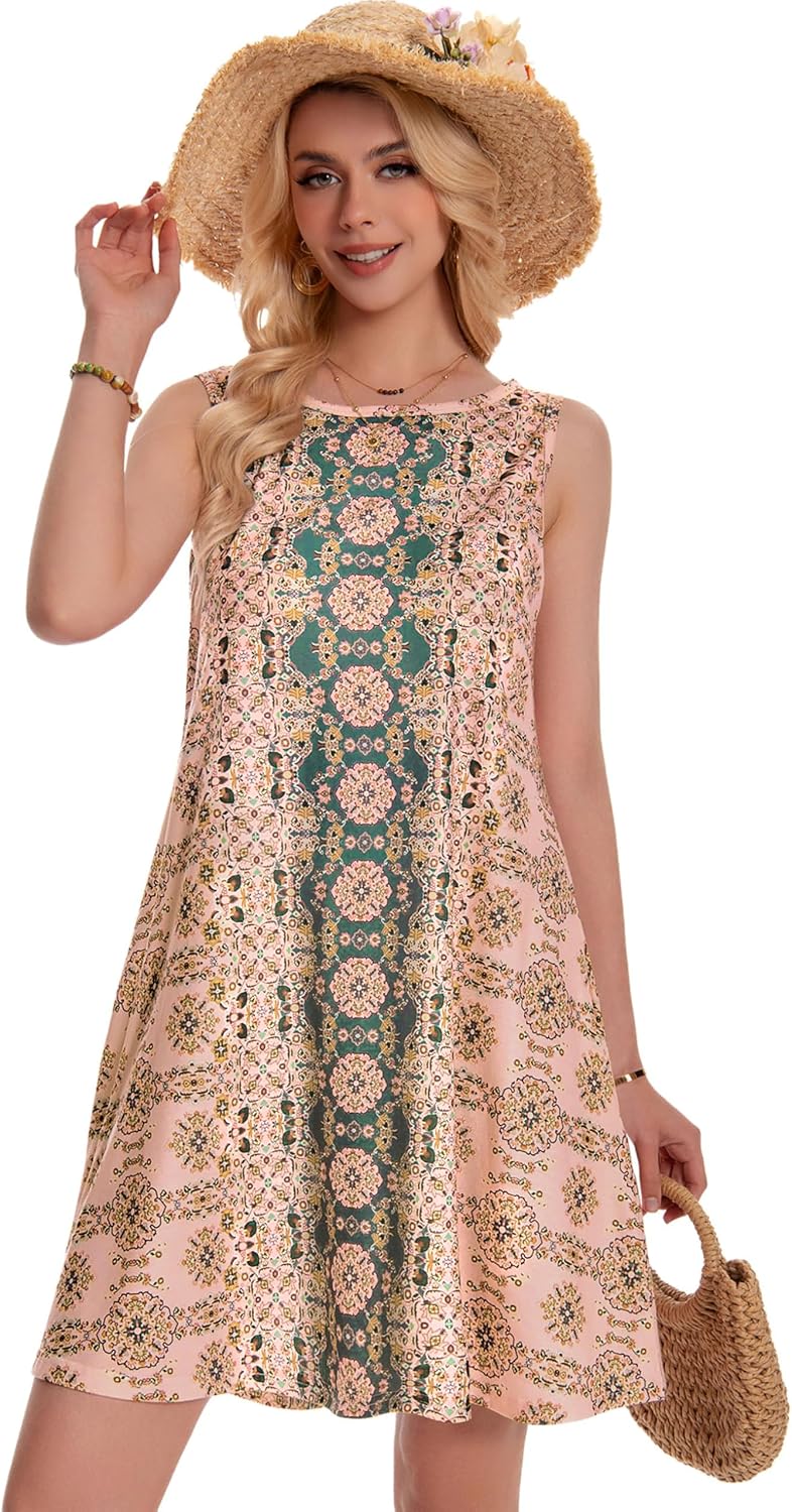 elescat Summer Dresses for Women Boho Sleeveless Pocket Tshirt Sundresses