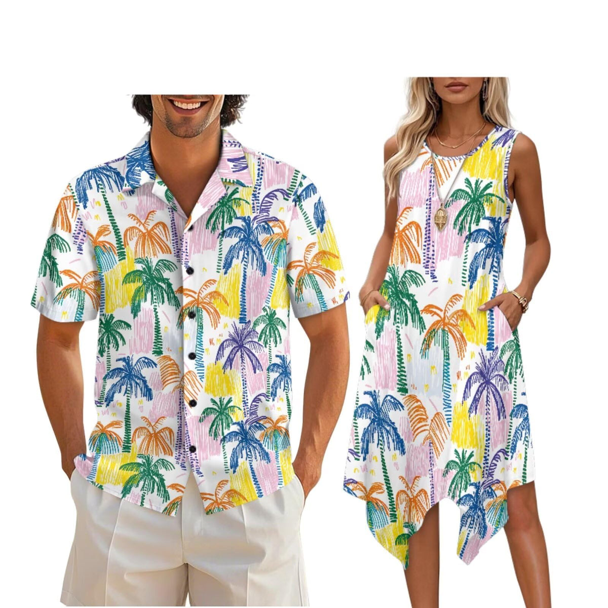 doginthehole Matching Hawaiian Outfits for Couples Men's Button Down Shirt Sleeveless Sundresses Summer Dress for Women