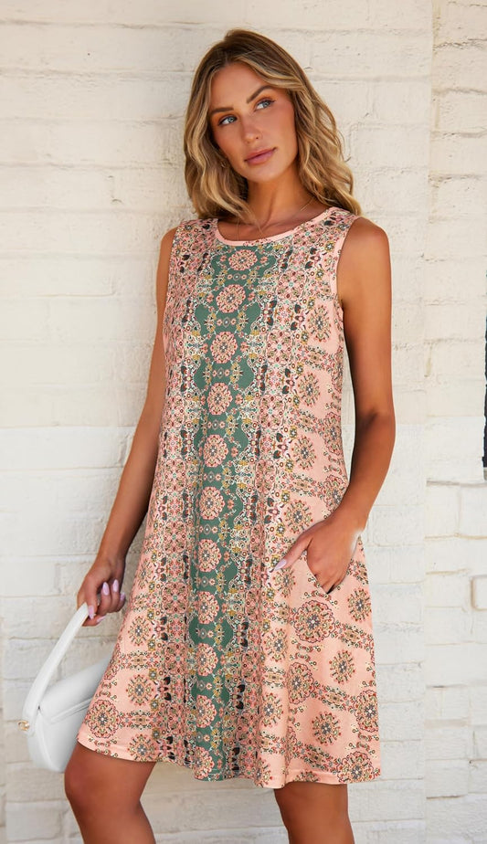 elescat Summer Dresses for Women Boho Sleeveless Pocket Tshirt Sundresses