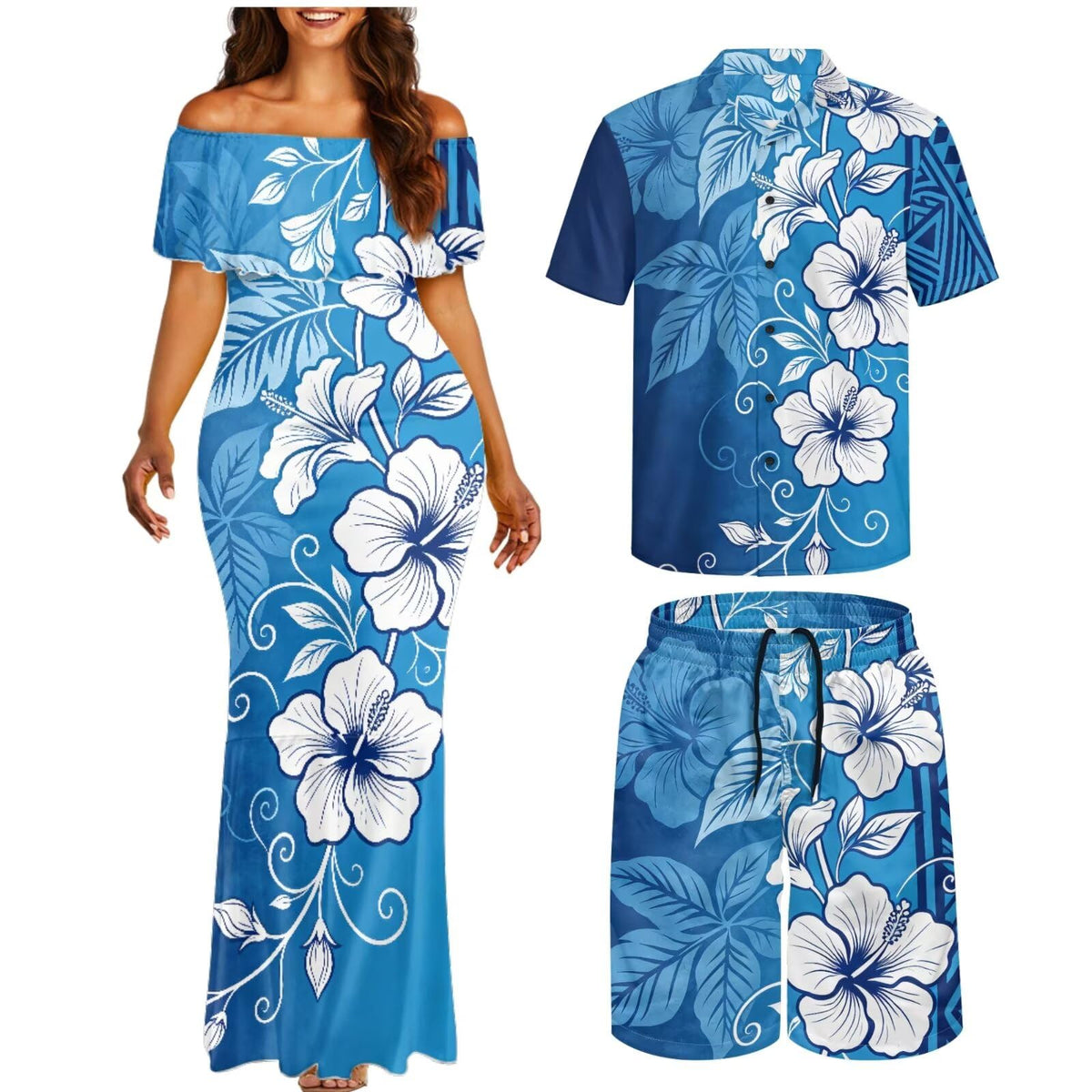 Matchable Couple Hawaiian Polynesian Puletasi Samoa Womens Dress with Mens Shirt and Mens Shorts Couple Set