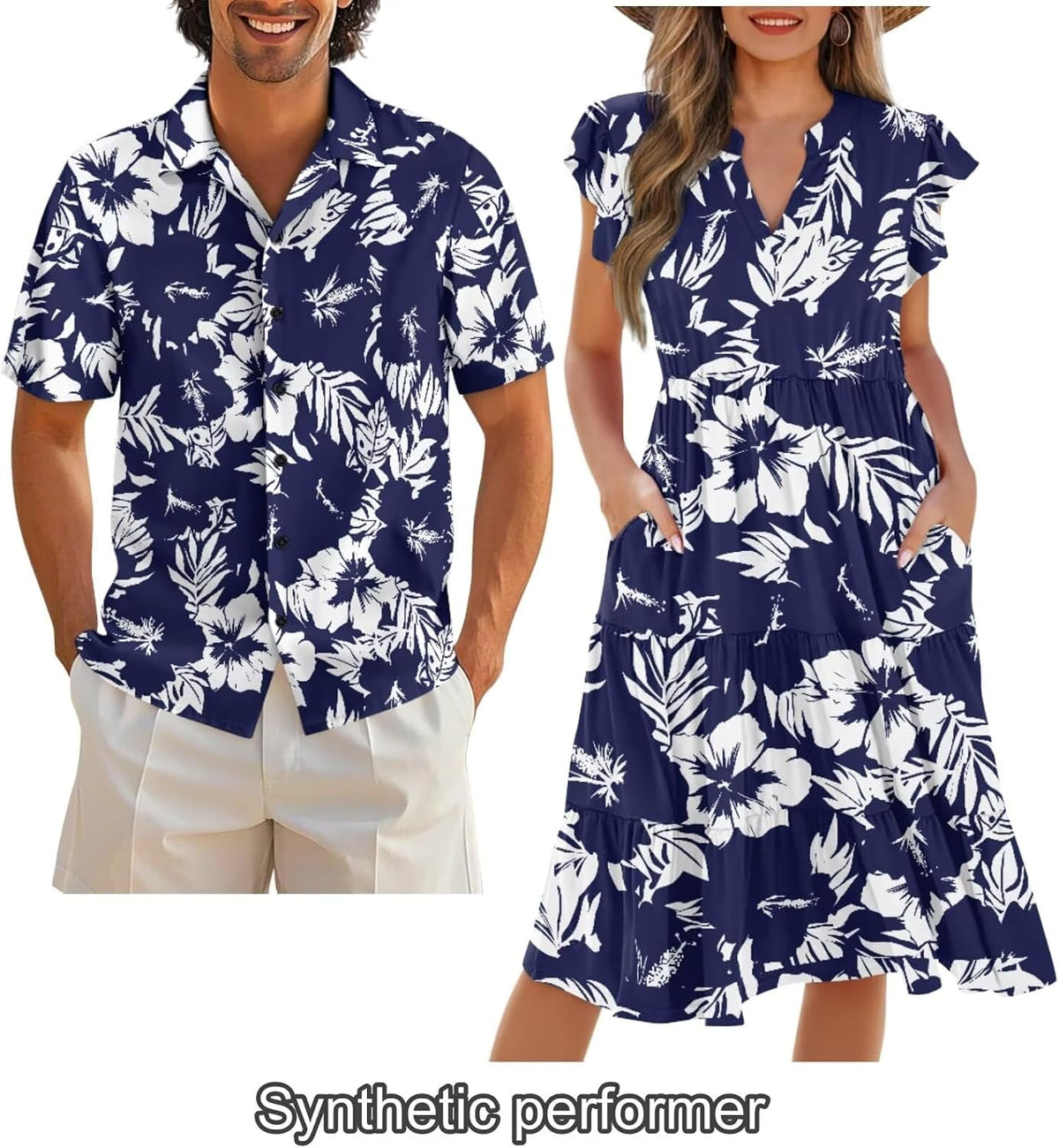 His and Hers Matching Hawaiian Outfits Mens Button Down Shirt Flowy Tiered Midi Dress