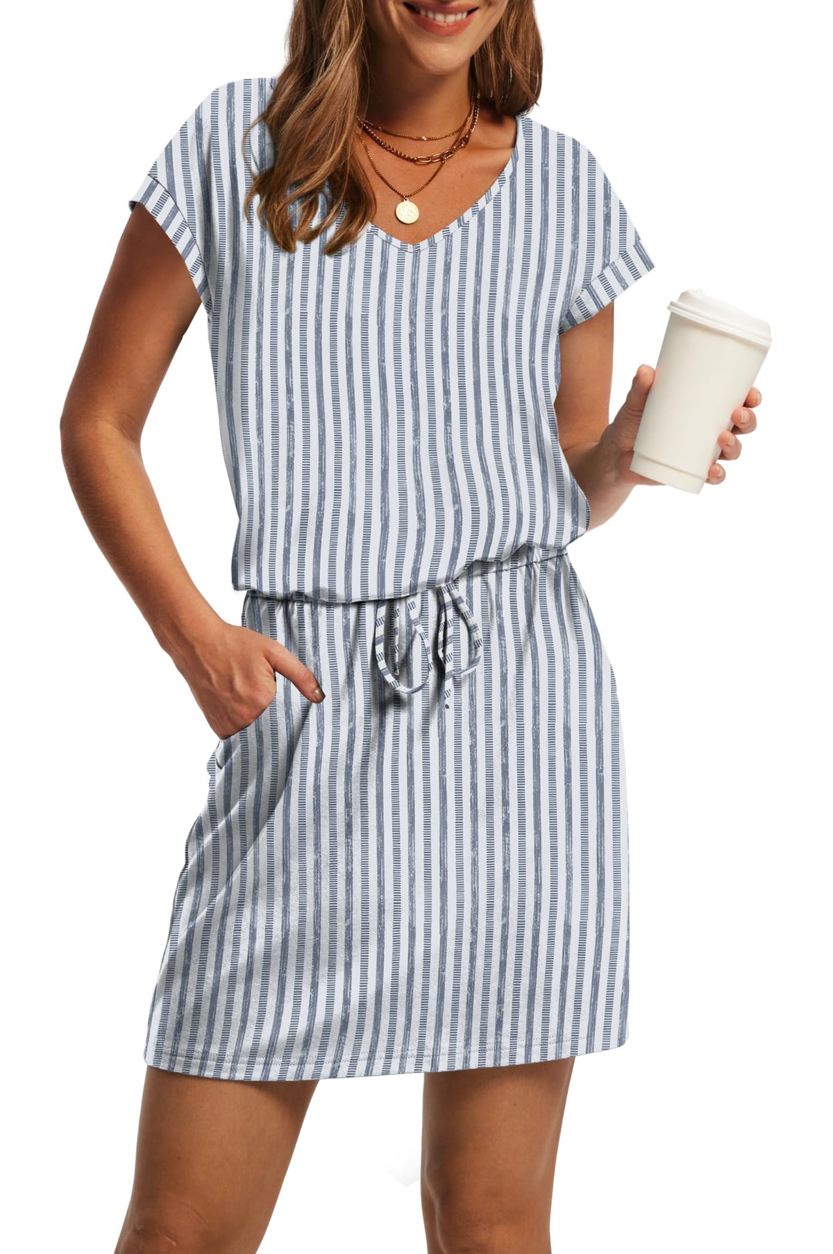 OFEEFAN Summer Dresses for Women 2026 V Neck T Shirt Casual Mini Dresses Tie Waist Sundresses with Pockets