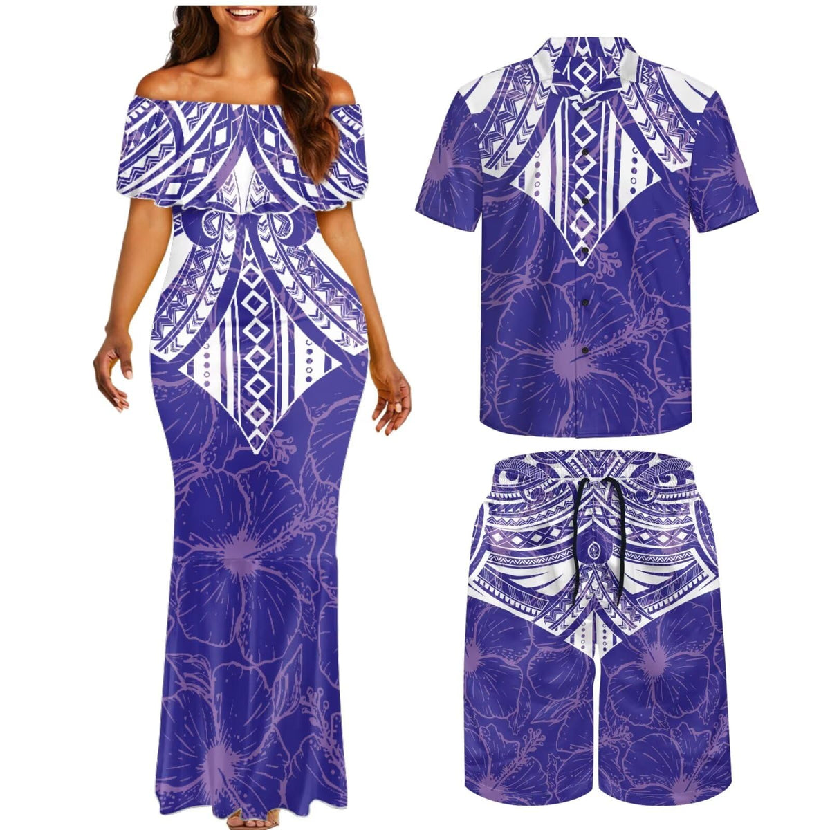 Matchable Couple Hawaiian Polynesian Puletasi Samoa Womens Dress with Mens Shirt and Mens Shorts Couple Set