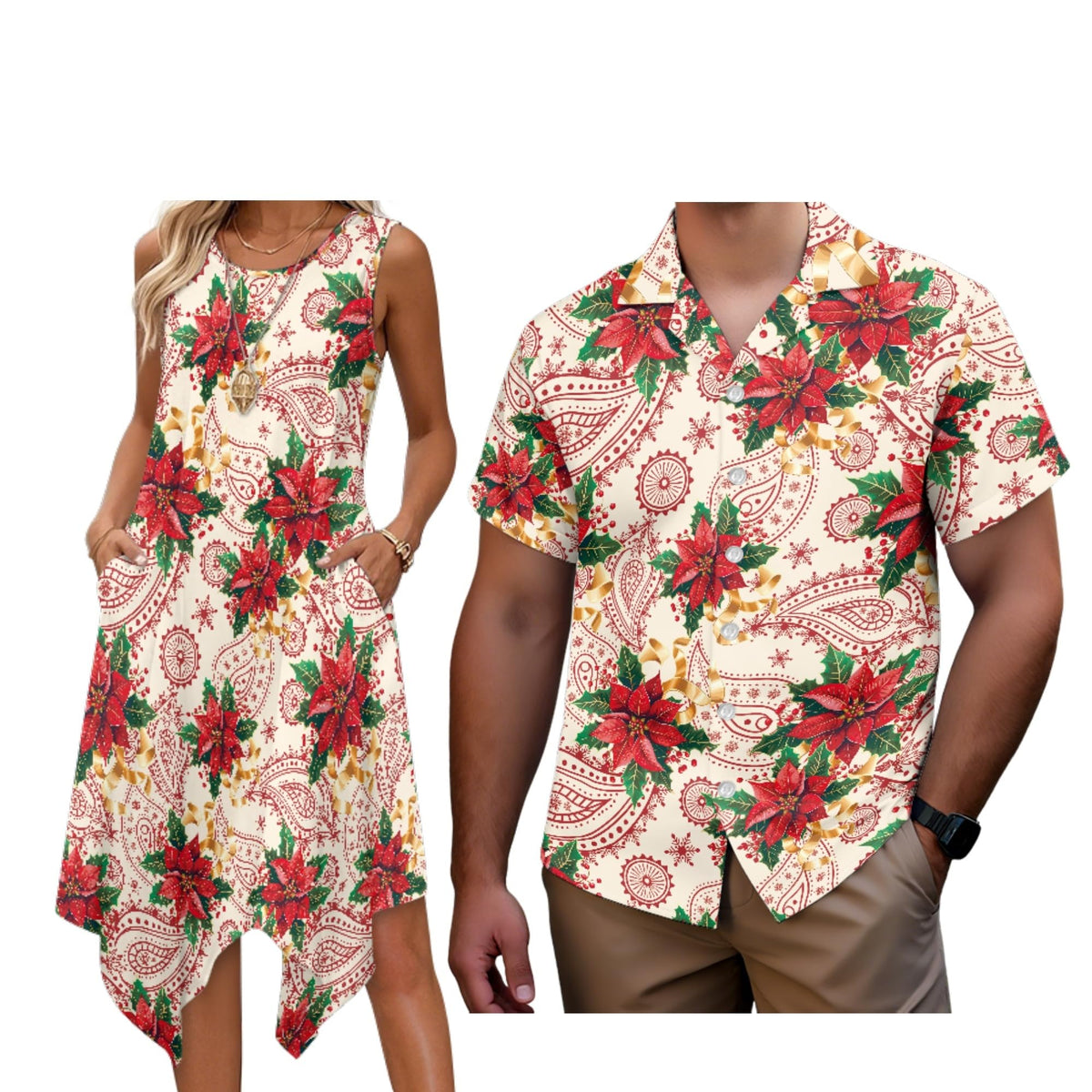 Matching Hawaiian Outfits for Couples Womens Asymmetrical Midi Dress Mens Beach Shirts Short Sleeve Button Up Shirt