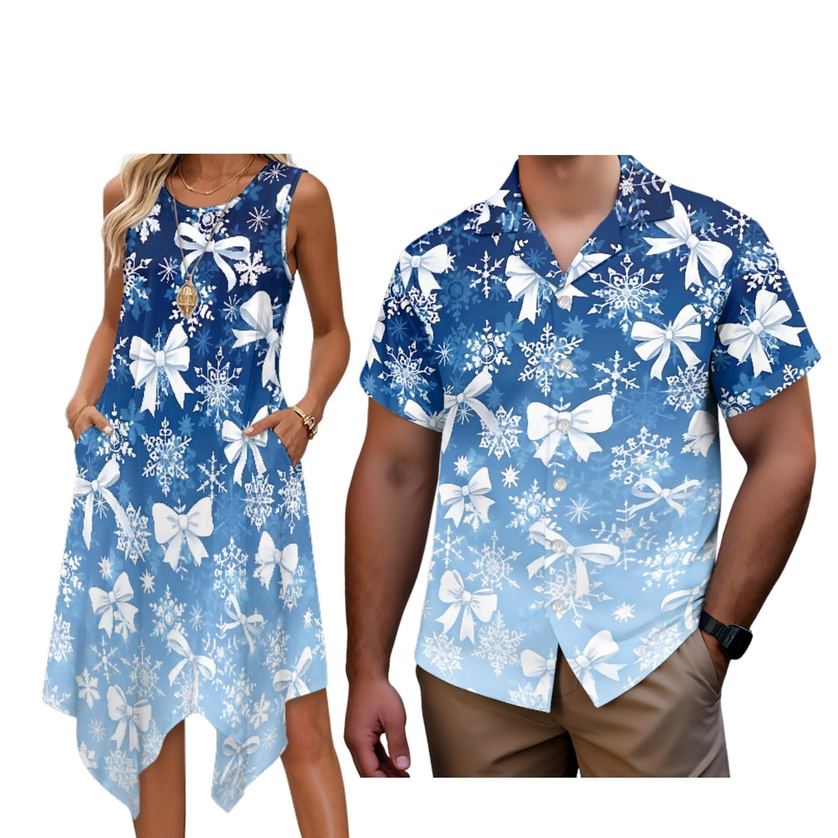 Matching Hawaiian Outfits for Couples Womens Asymmetrical Midi Dress Mens Beach Shirts Short Sleeve Button Up Shirt