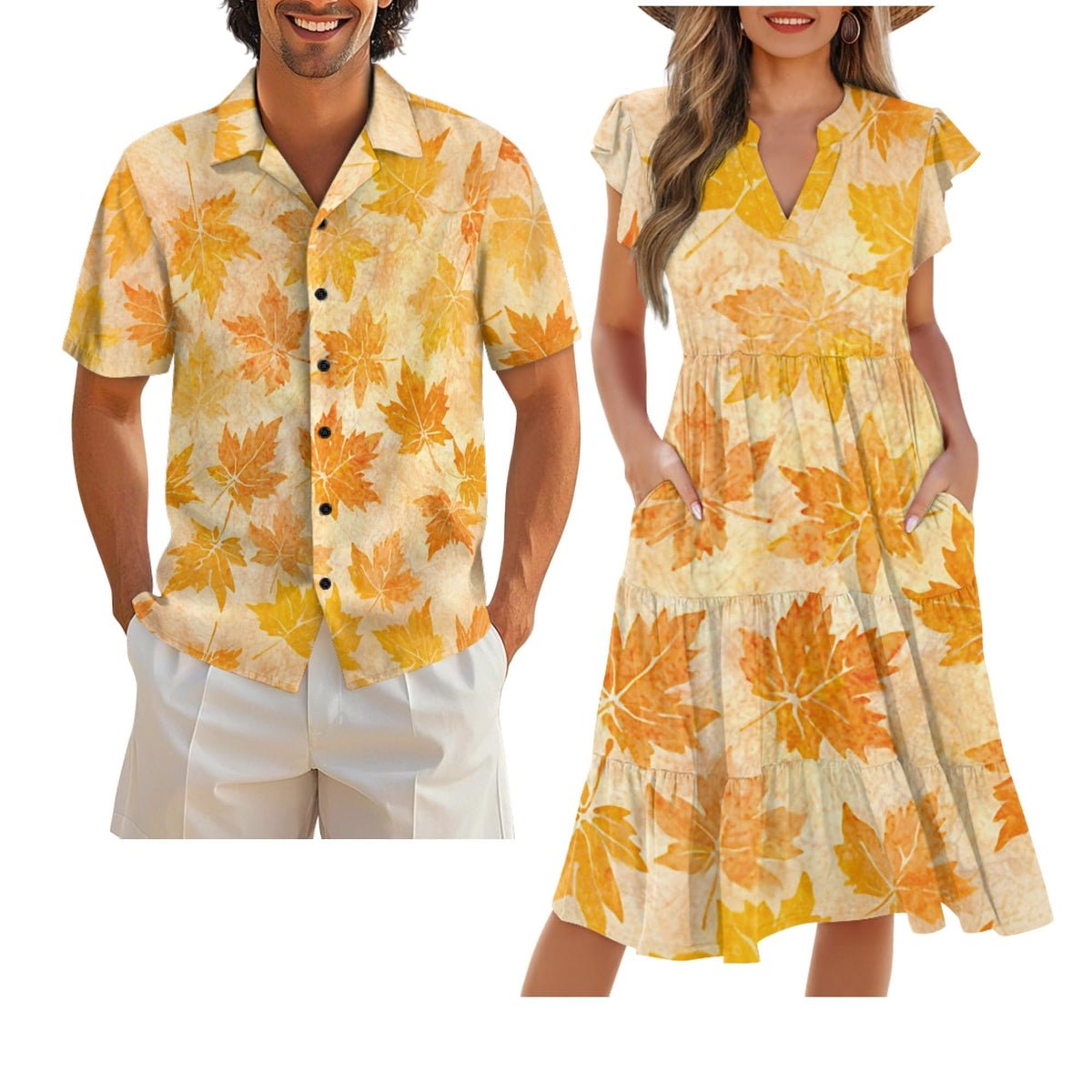 His and Hers Matching Hawaiian Outfits Mens Button Down Shirt Flowy Tiered Midi Dress