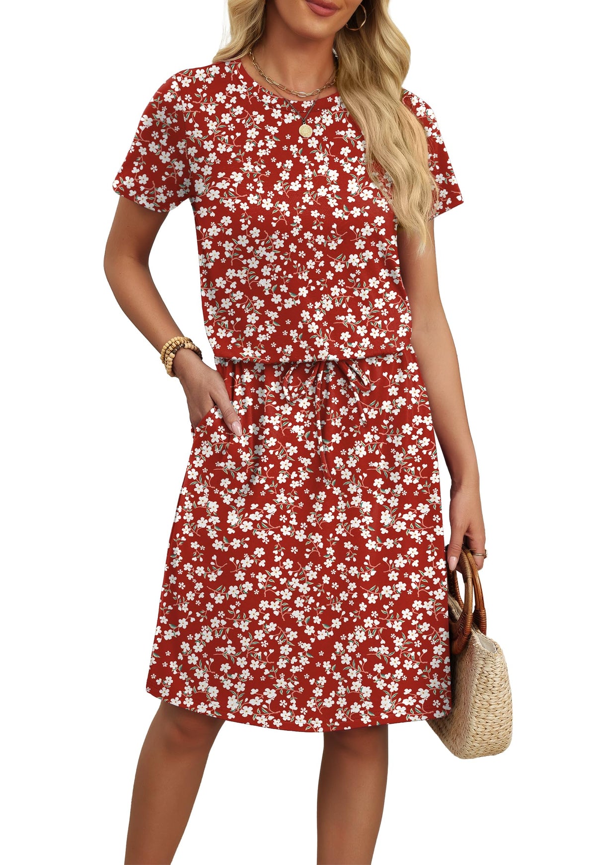 OFEEFAN Womens Summer Dresses Fashion Short Sleeve Crew Neck T Shirt Sundresses Casual Tie Waist with Pockets