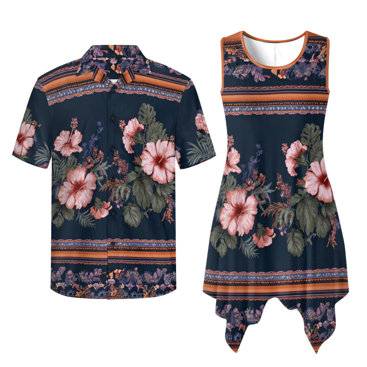 TOADDITDO Couple Shirts and Dress Matching Outfit Womens Sleeveless Flared Mini Sundress or Mens Buttons Hawaiian Aloha Shirt