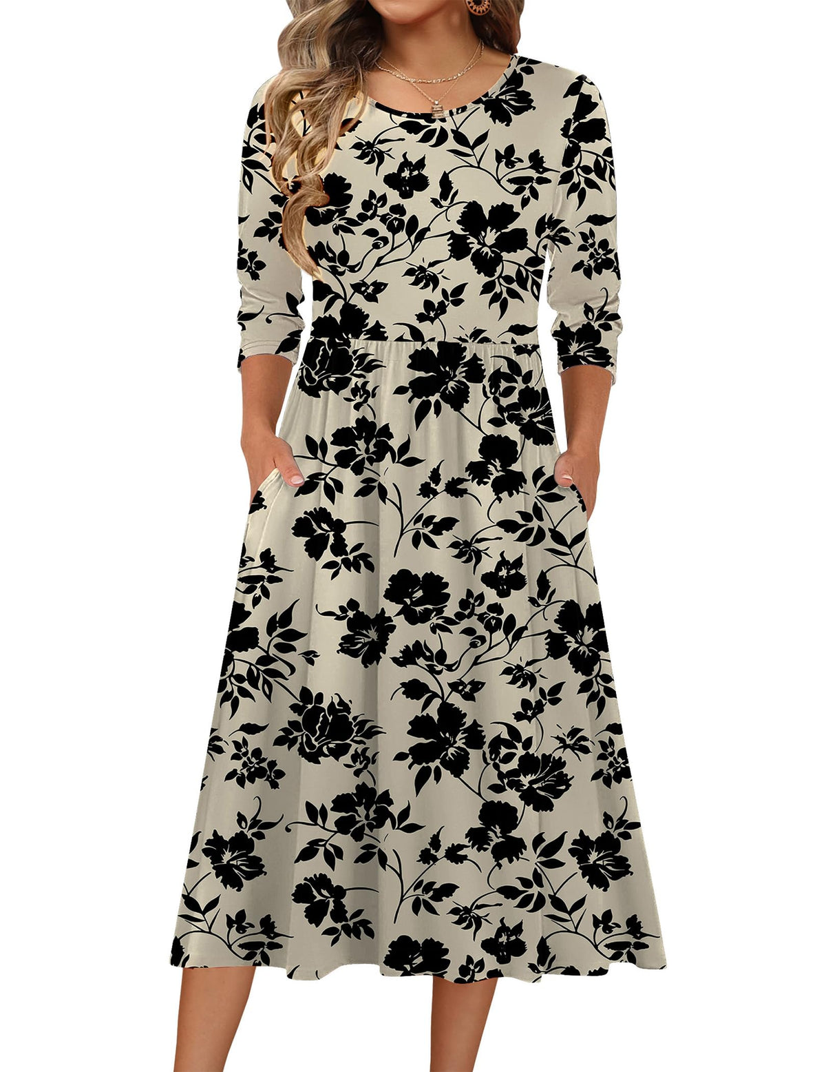 Zeagoo 3/4 Sleeve Women's Dress Casual Aline Summer Fall Midi Long Dresses