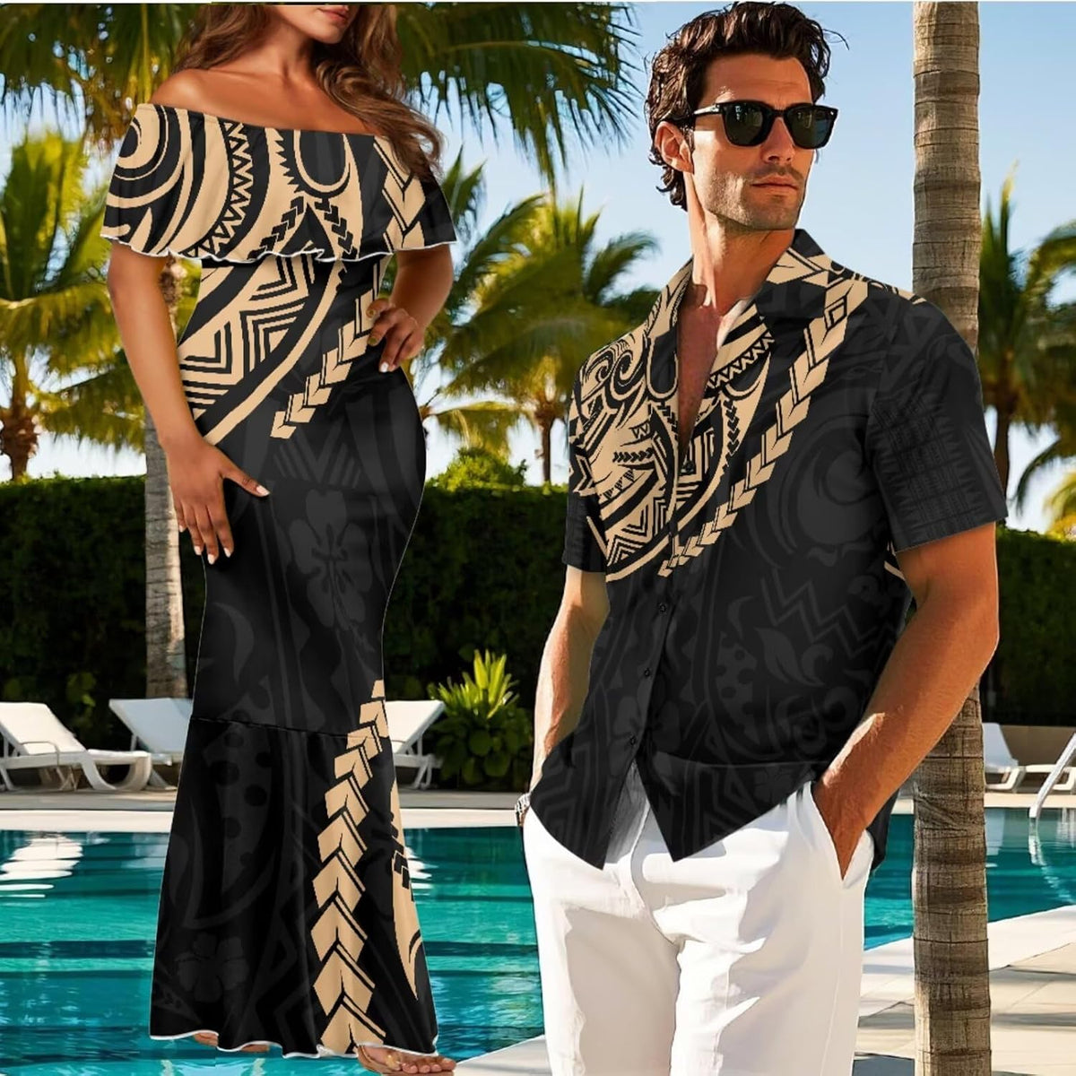 Matchable Couple Hawaiian Polynesian Puletasi Samoa Womens Dress with Mens Shirt and Mens Shorts Couple Set