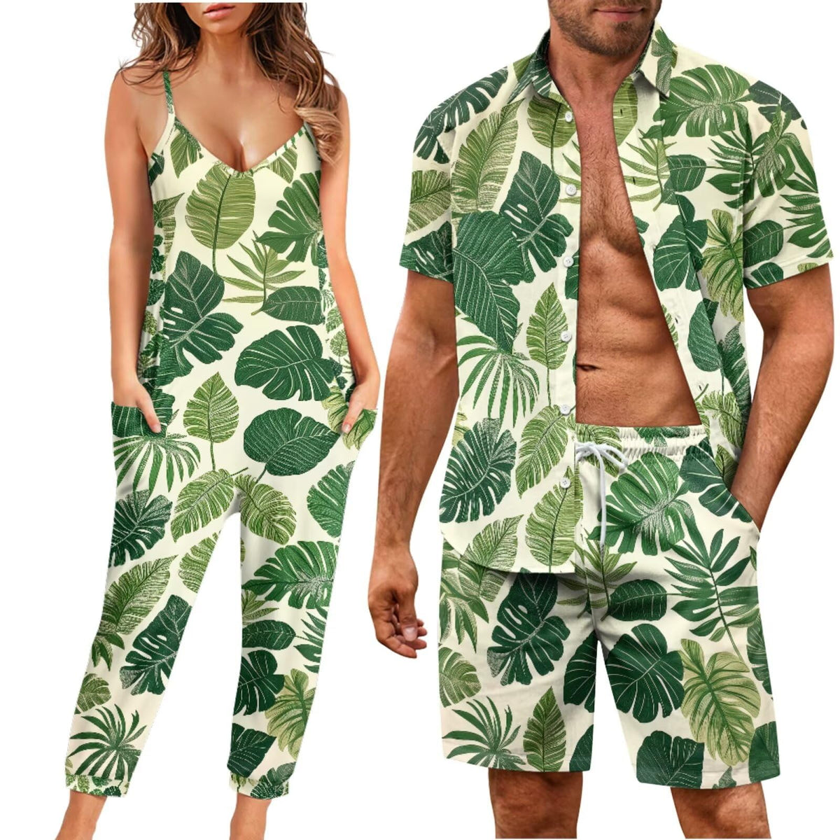 Matchable Couple Hawaiian Luau Men Shirt or Women V-Neck Jumpsuit
