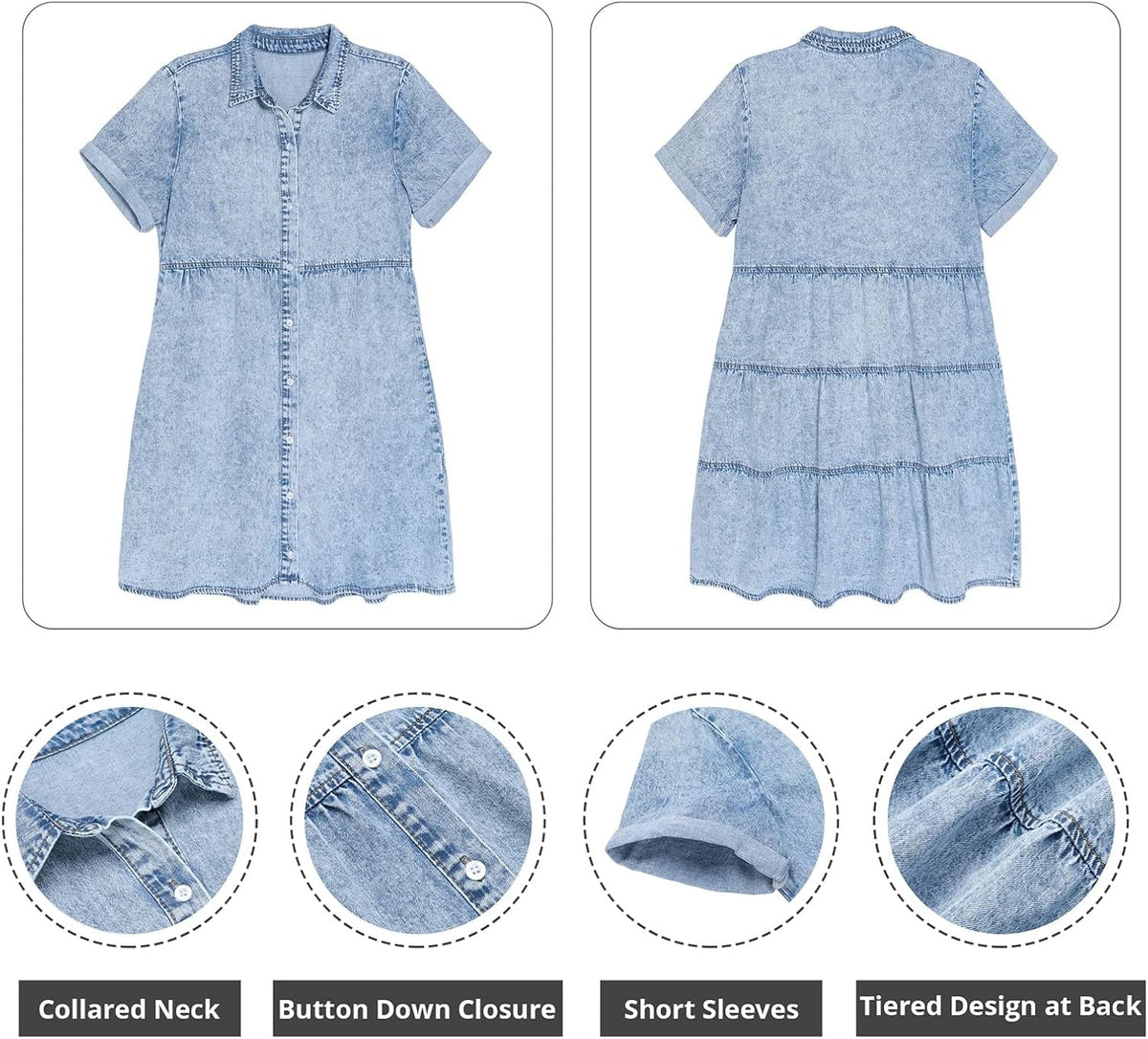 GRAPENT Denim Dress for Women Babydoll Tiered Short Sleeve Button Down Jean Shirt Dresses