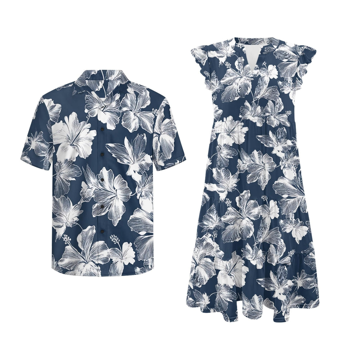 His and Hers Matching Hawaiian Outfits Mens Button Down Shirt Flowy Tiered Midi Dress