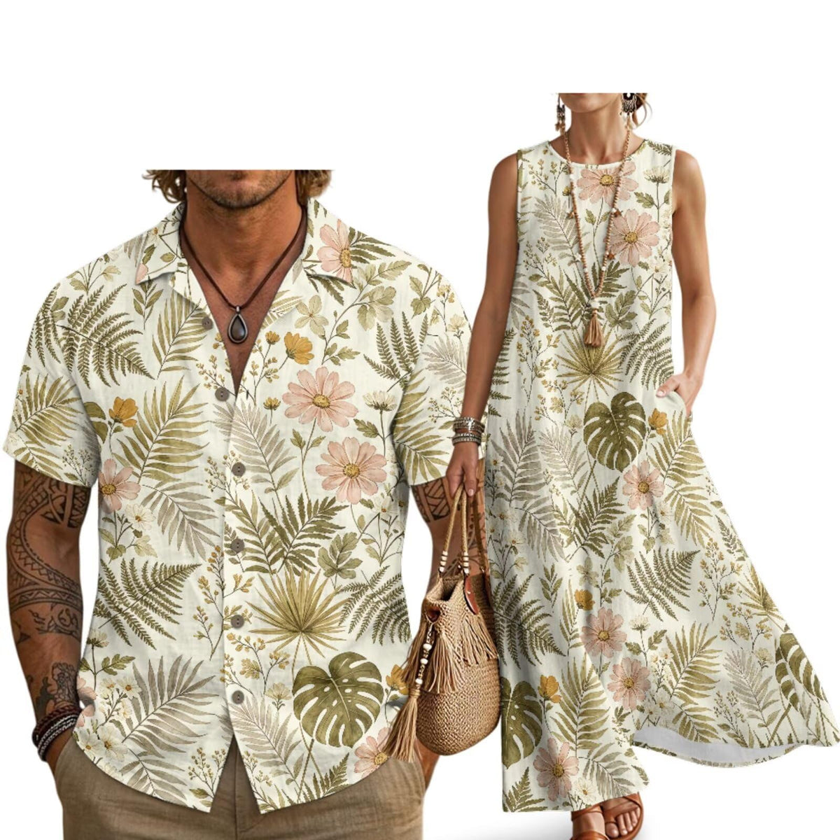 Husband and Wife Clothes Linen Casual Shirt for Men Maxi Dress for Women Summer Dress Matching Vacation Clothes
