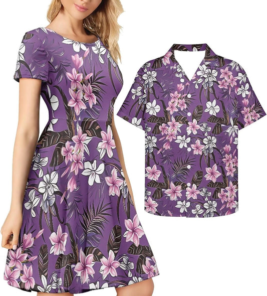 AmzPrint Couple Christmas Shirt and Dress Womens Elegant Short Sleeve Round Neck Cocktail Party Green Xmas Swing Dress