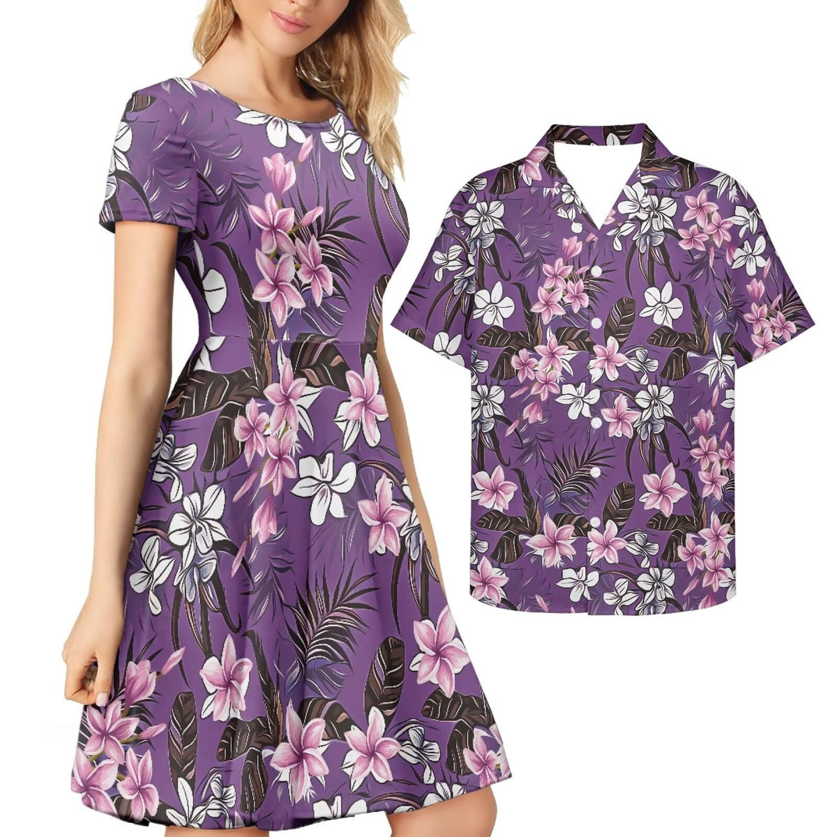 AmzPrint Couple Christmas Shirt and Dress Womens Elegant Short Sleeve Round Neck Cocktail Party Green Xmas Swing Dress