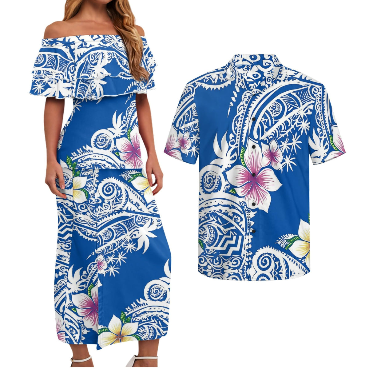 Polynesian Couples Matching Outfits Short Sleeve Puletsai Samoan Traditional Dress & Man Shirts