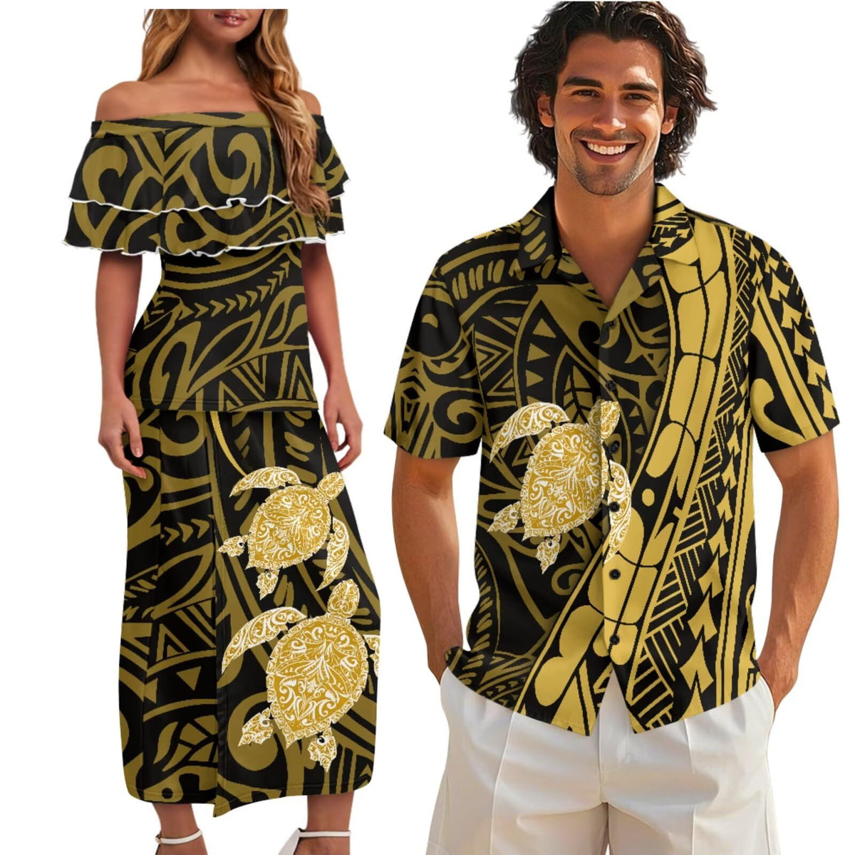 Polynesian Couples Matching Outfits Short Sleeve Puletsai Samoan Traditional Dress & Man Shirts