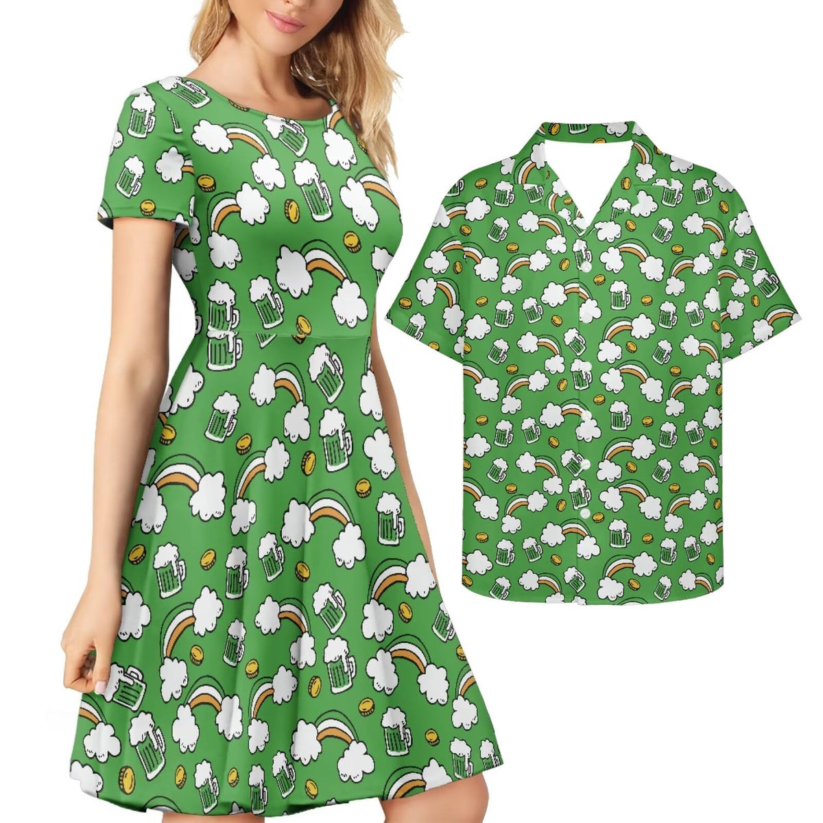 AmzPrint Couple Christmas Shirt and Dress Womens Elegant Short Sleeve Round Neck Cocktail Party Green Xmas Swing Dress