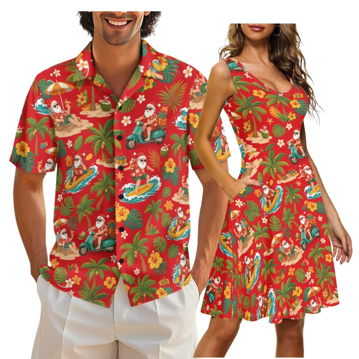 Cozeyat Matching Hawaiian Outfits for Couples Mens Button Up Polos Shirt and Women Sleeveless Sundress with Pockets