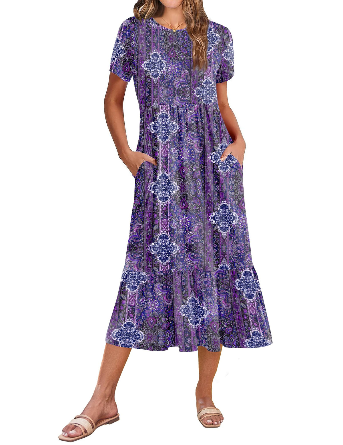 Zeagoo Women Summer Midi A Line Dress Short Sleeve Casual Flowy Tiered Beach Long Sundress with Pockets 2026 Vacation Travel