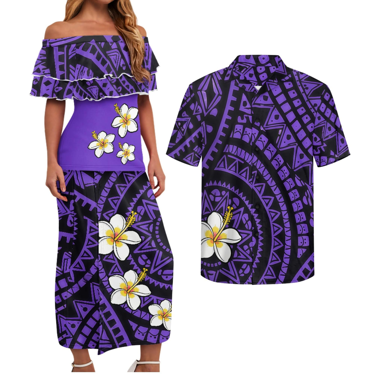 Polynesian Couples Matching Outfits Short Sleeve Puletsai Samoan Traditional Dress & Man Shirts