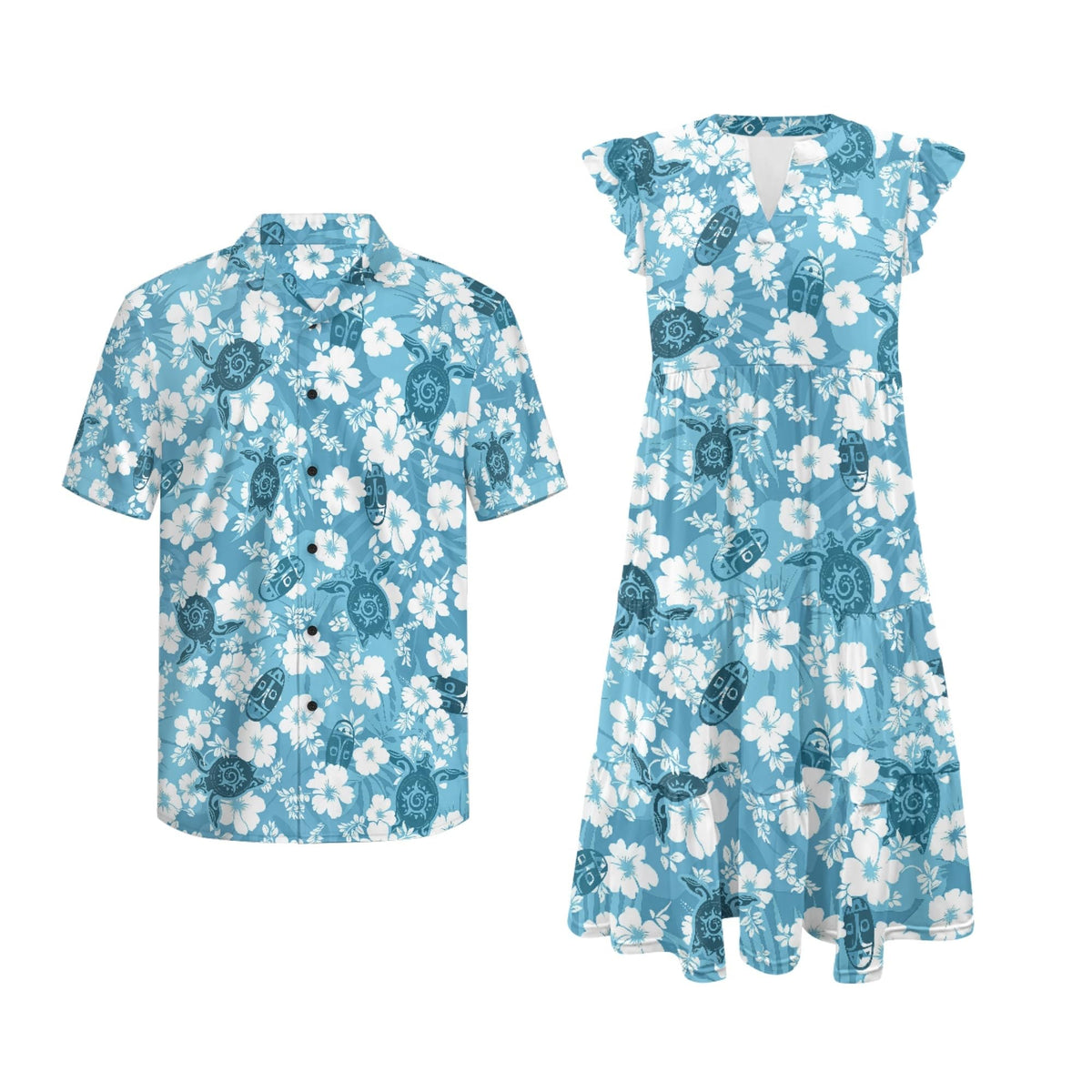 His and Hers Matching Hawaiian Outfits Mens Button Down Shirt Flowy Tiered Midi Dress