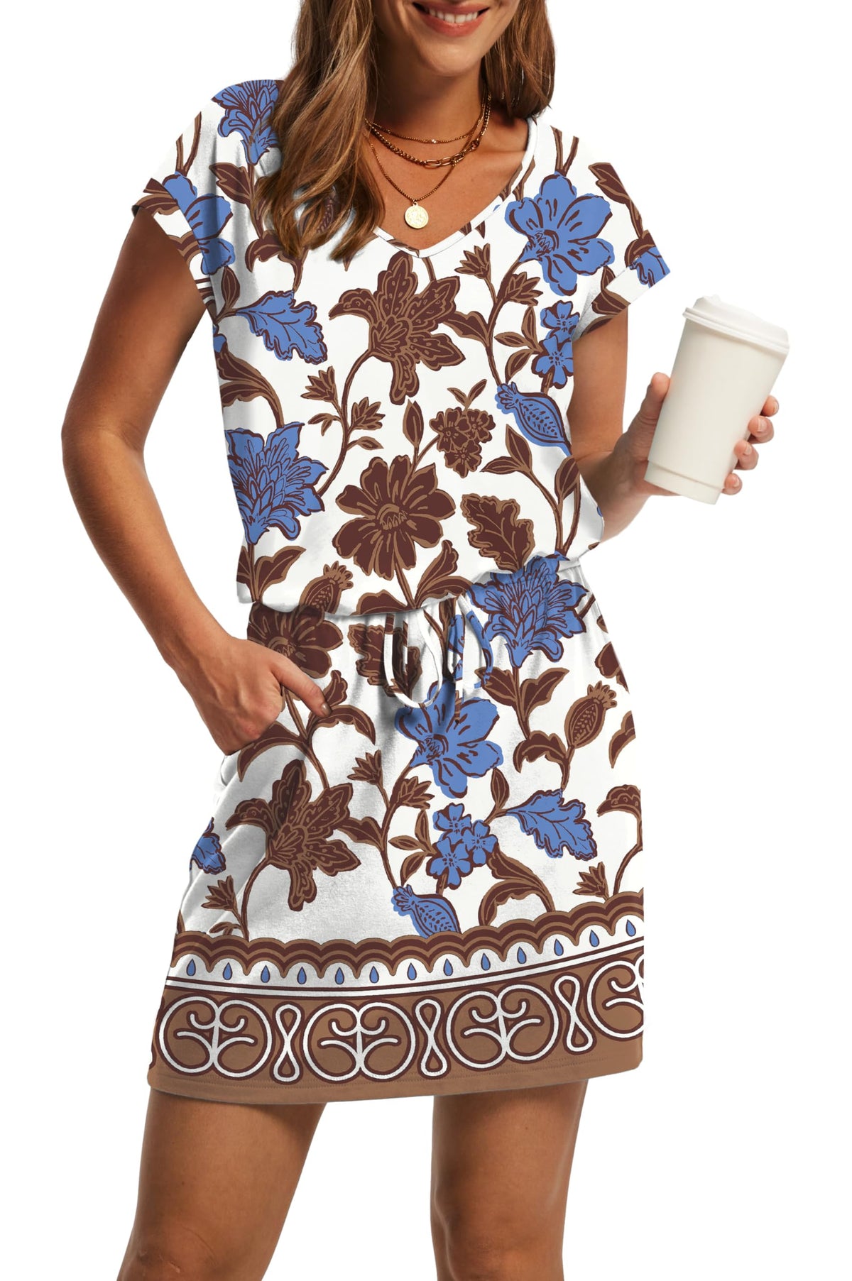 OFEEFAN Summer Dresses for Women 2026 V Neck T Shirt Casual Mini Dresses Tie Waist Sundresses with Pockets