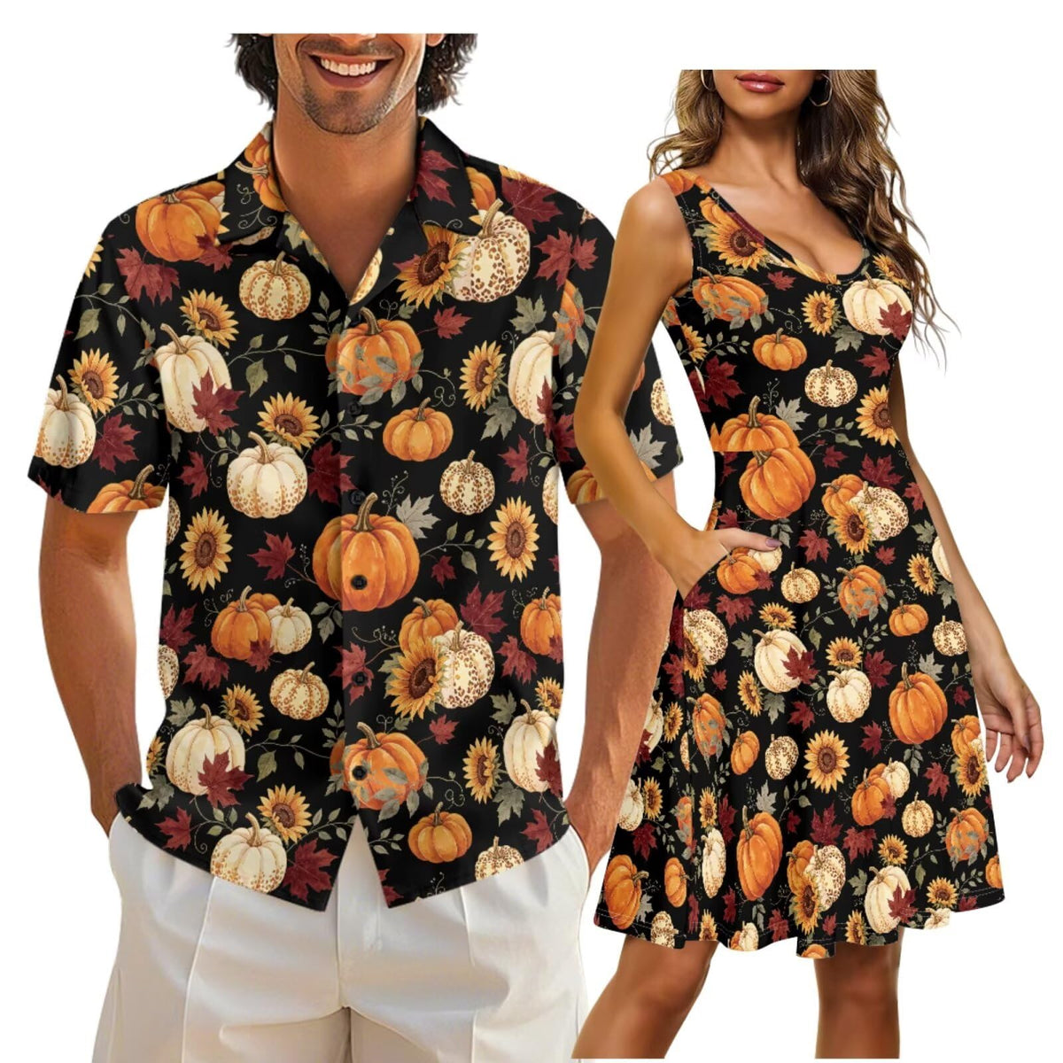 Gomyblomy Matching Hawaiian Outfits for Couples Vacation Tropical Floral Women Dress Mens Shirts His and Hers Clothing