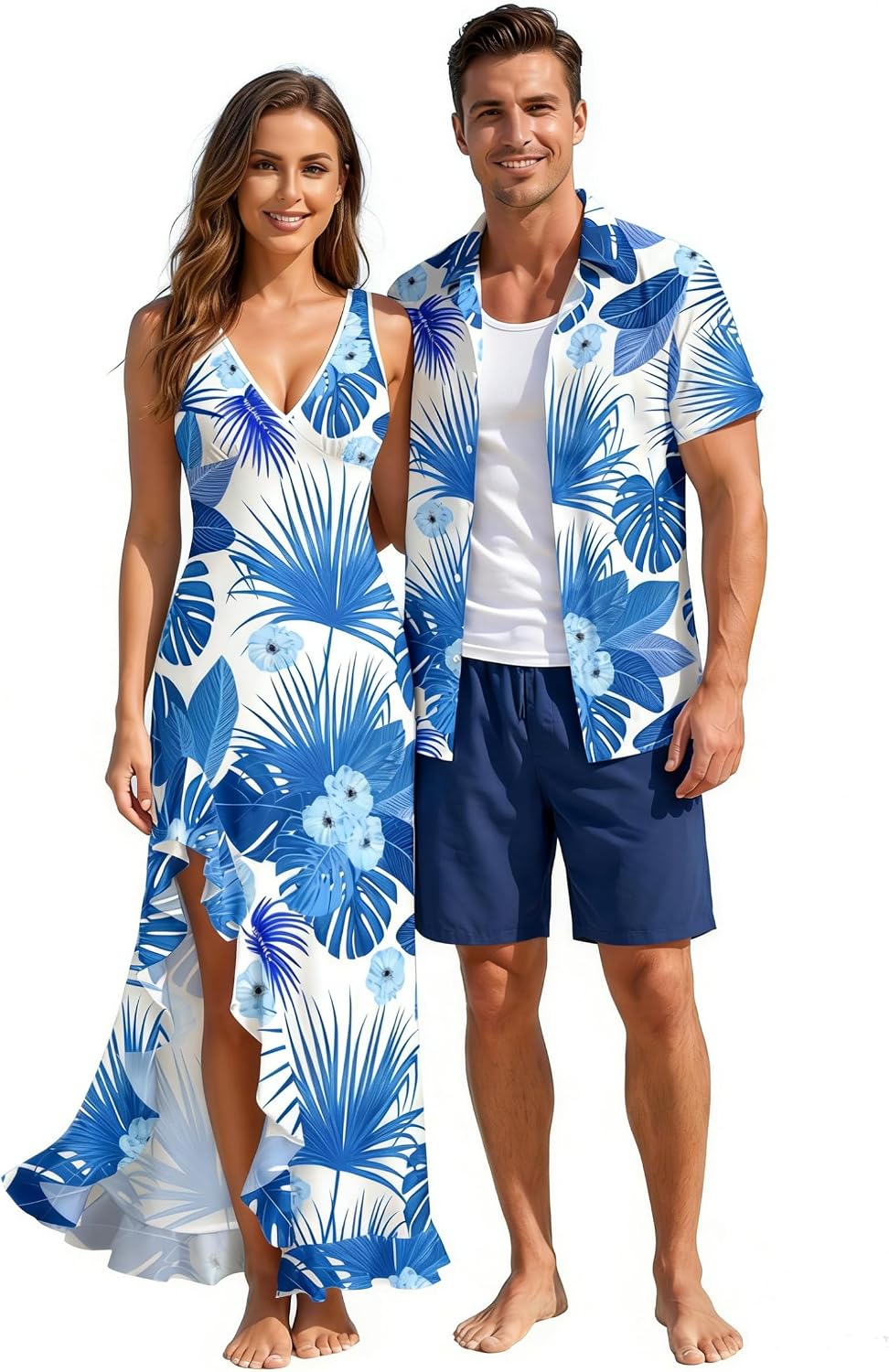 DRESSFO Couple Matching Hawaiian Outfits Flower Leaf Printed Ruffles Split Dress or Men's Short Sleeve Button Up Shirt