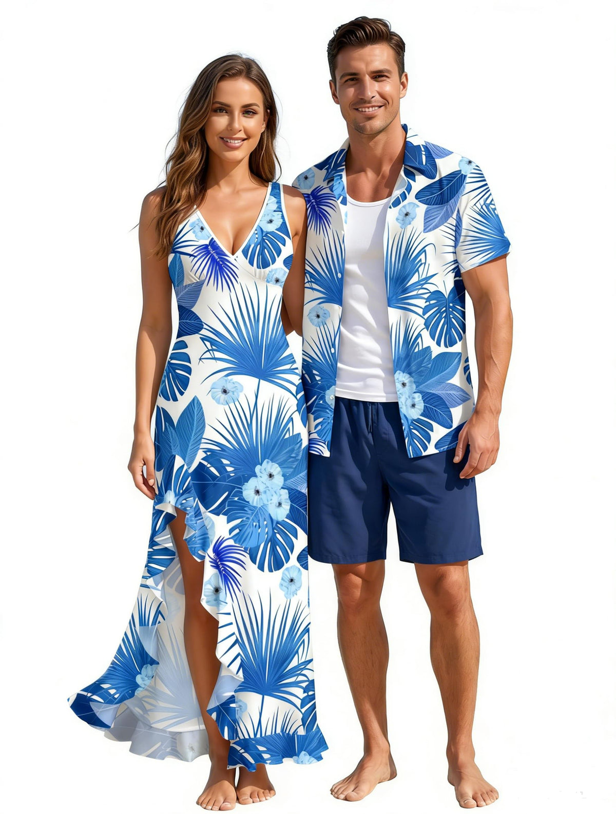 DRESSFO Couple Matching Hawaiian Outfits Flower Leaf Printed Ruffles Split Dress or Men's Short Sleeve Button Up Shirt