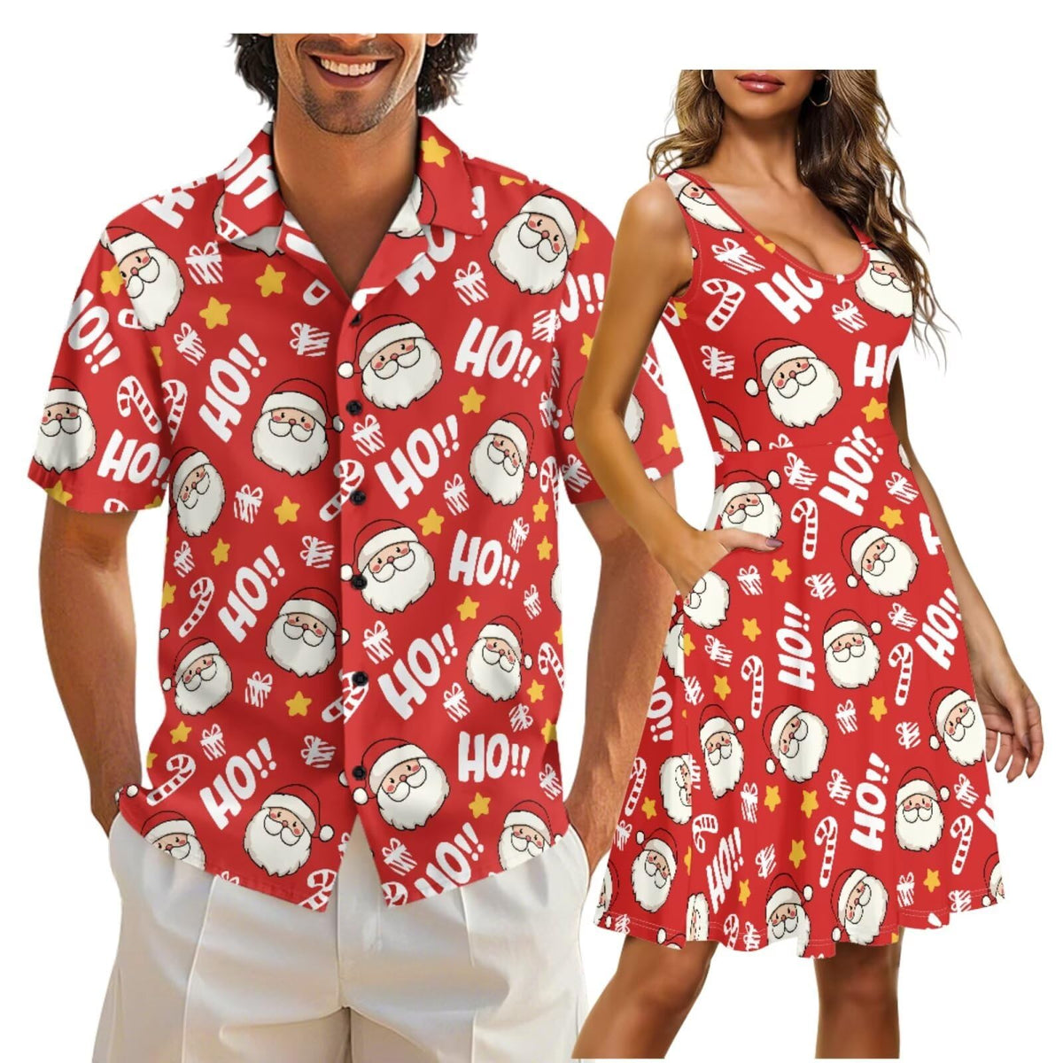 Cozeyat Matching Hawaiian Outfits for Couples Mens Button Up Polos Shirt and Women Sleeveless Sundress with Pockets