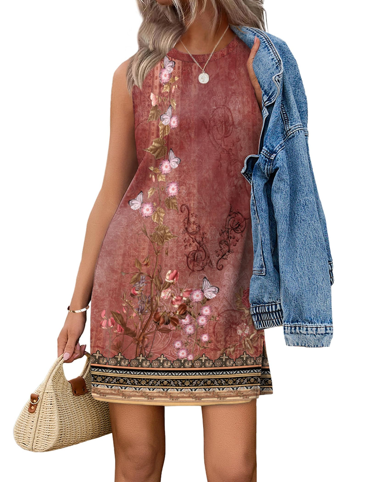 WIHOLL Casual Dresses for Women Crewneck Sleeveless Tank Dress Summer Spring Boho Vacation Clothes