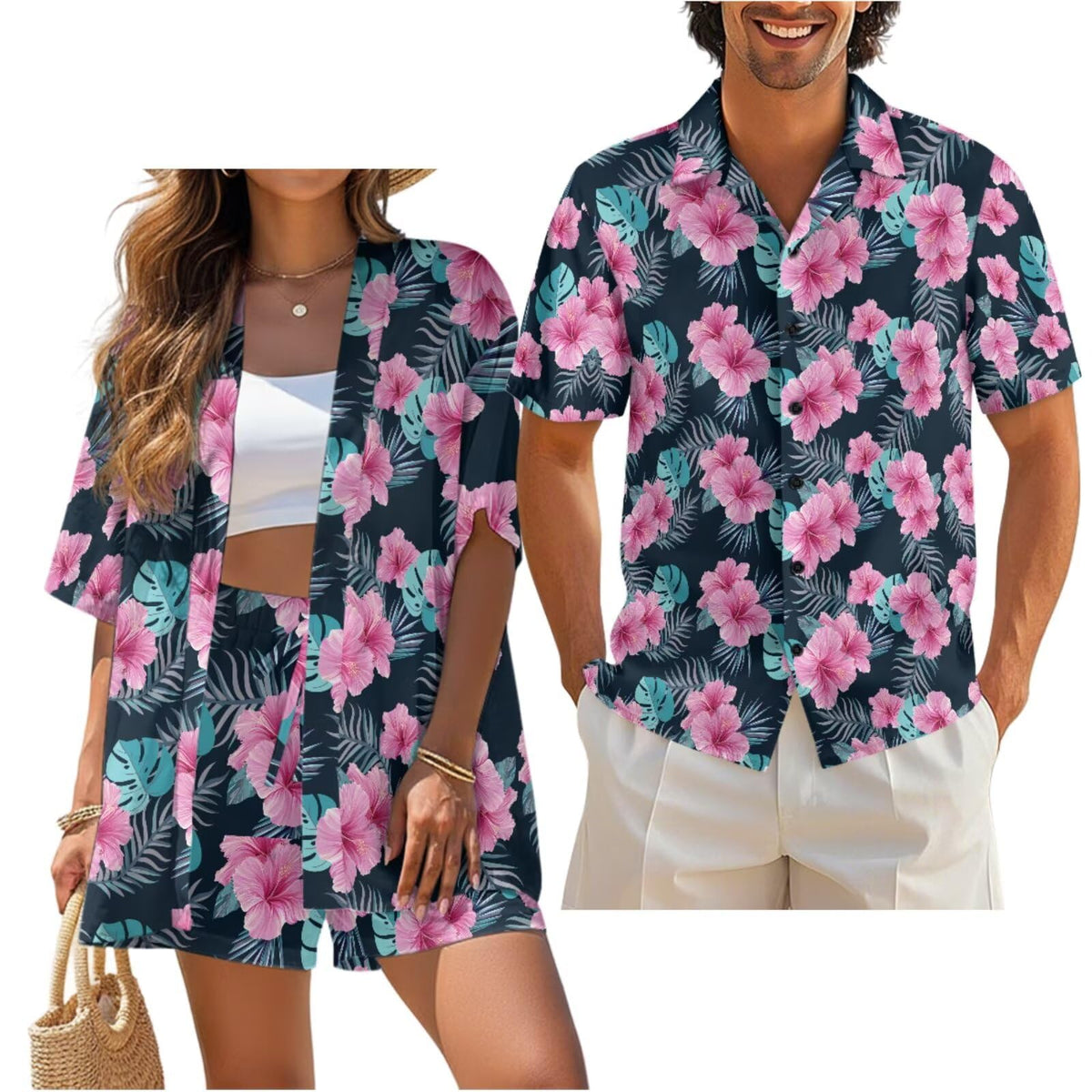 Matching Hawaiian Outfits for Couples Beach Sets Women 2 Piece Outfits Vacation Sets Men Shirt for Luau Party