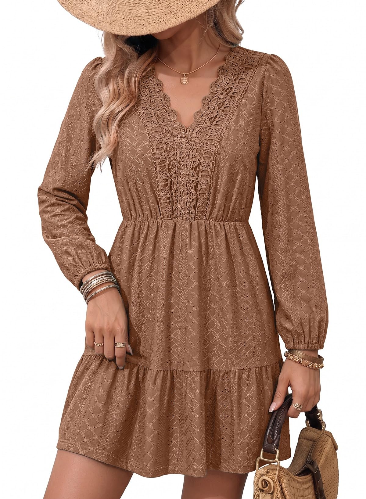 Dokotoo Womens Dresses Lace Hollow Out Embroidered V Neck Long Sleeve Dress