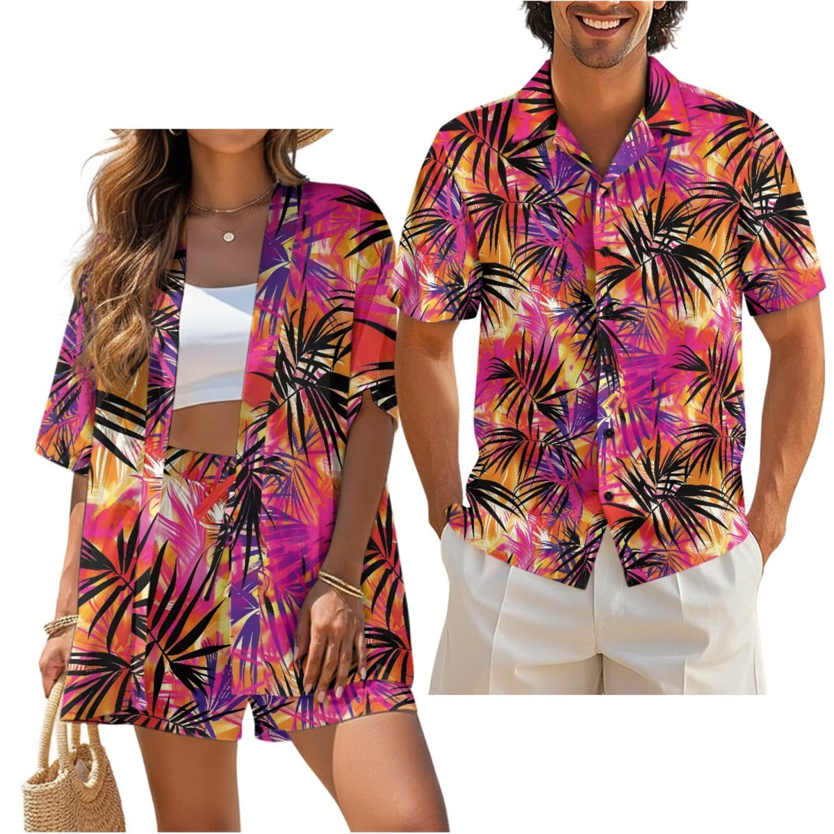 Matching Hawaiian Outfits for Couples Beach Sets Women 2 Piece Outfits Vacation Sets Men Shirt for Luau Party