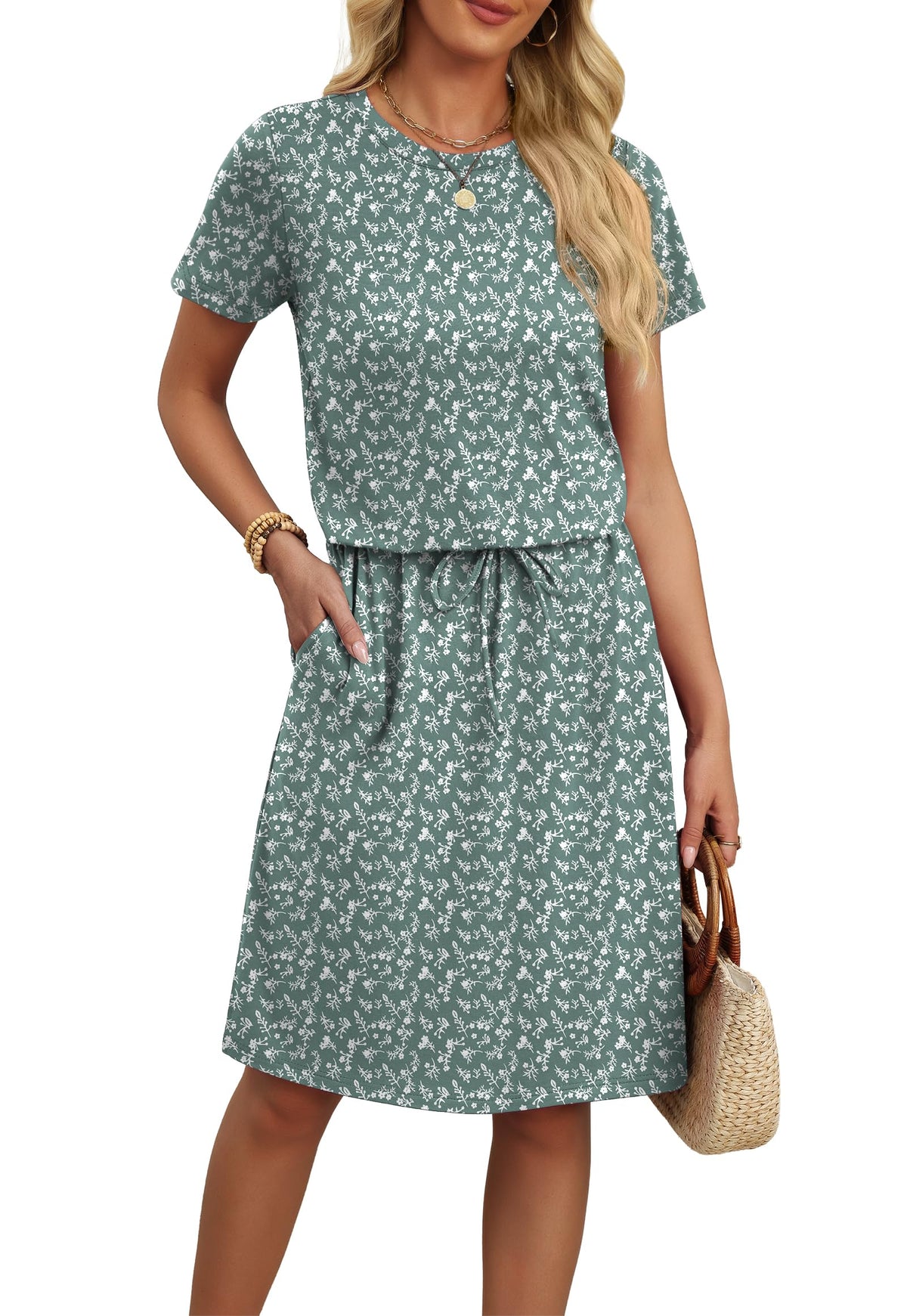 OFEEFAN Womens Summer Dresses Fashion Short Sleeve Crew Neck T Shirt Sundresses Casual Tie Waist with Pockets