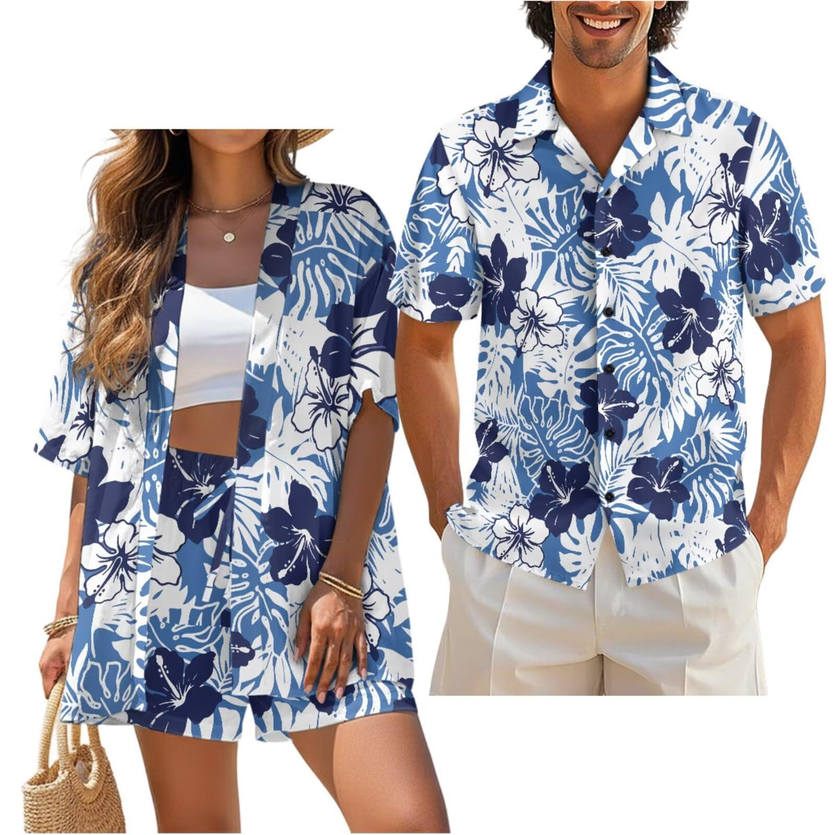 Matching Hawaiian Outfits for Couples Beach Sets Women 2 Piece Outfits Vacation Sets Men Shirt for Luau Party