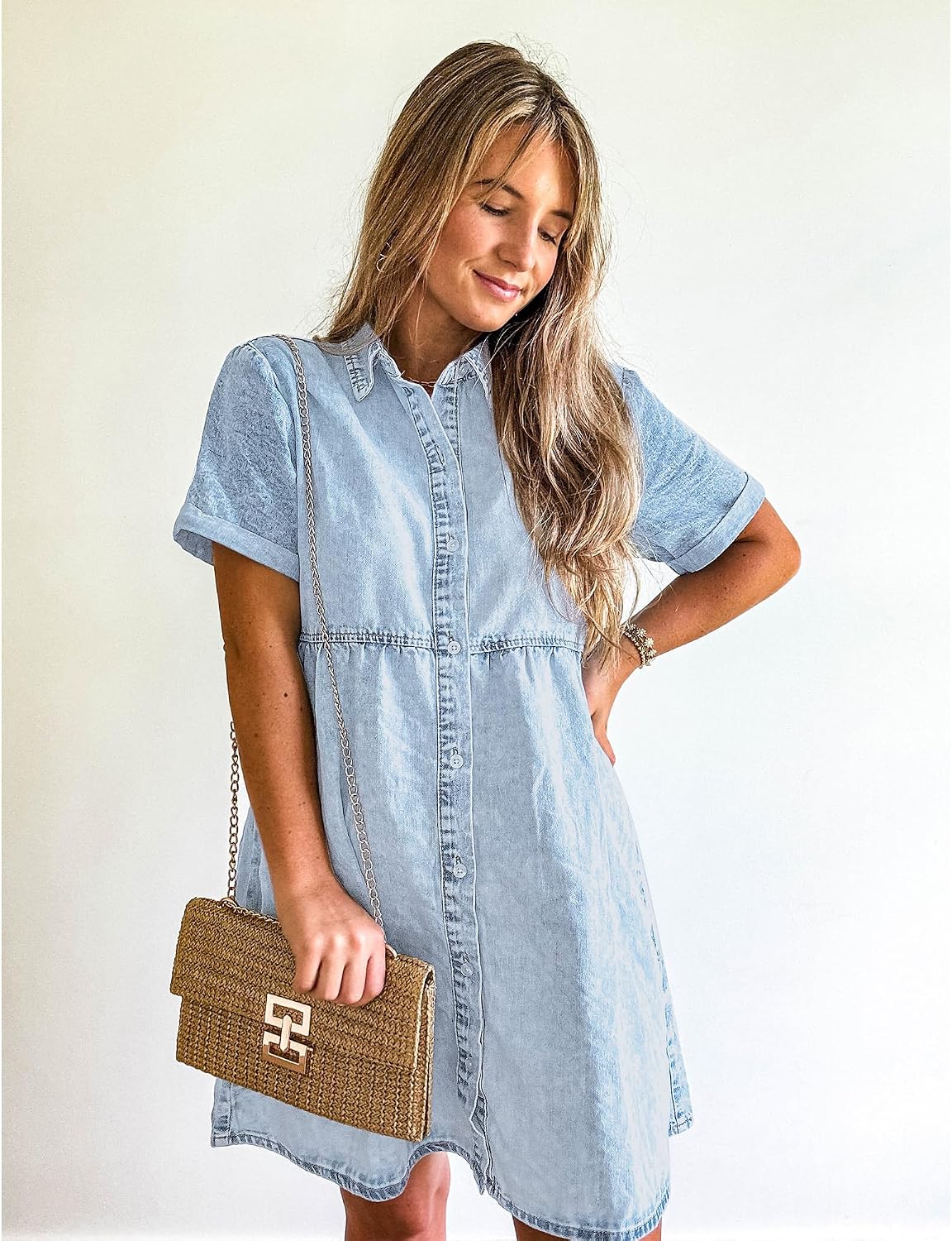 GRAPENT Denim Dress for Women Babydoll Tiered Short Sleeve Button Down Jean Shirt Dresses