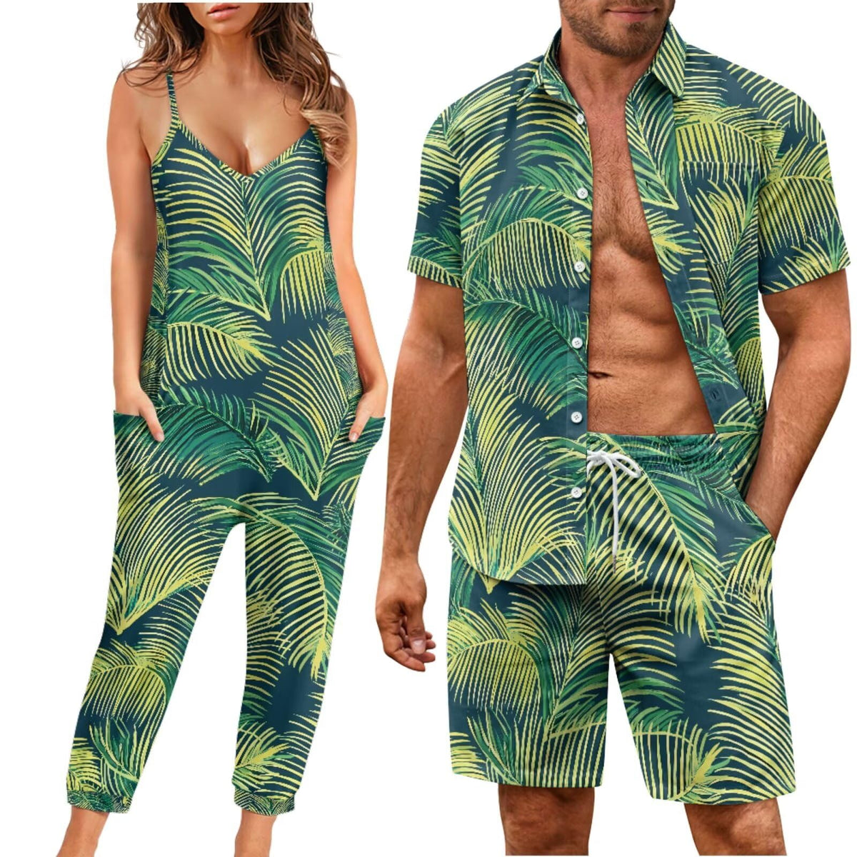 Matchable Couple Hawaiian Luau Men Shirt or Women V-Neck Jumpsuit