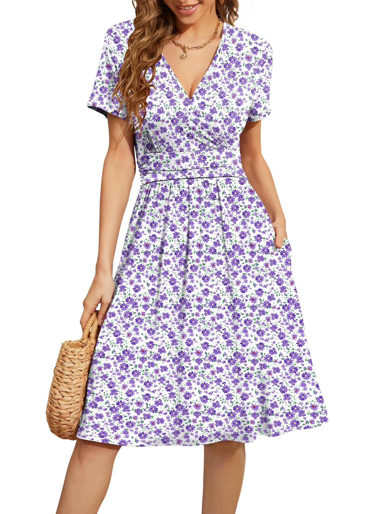WEACZZY Women's Summer Short Sleeve Casual Dresses V-Neck Floral Party Dress with Pockets