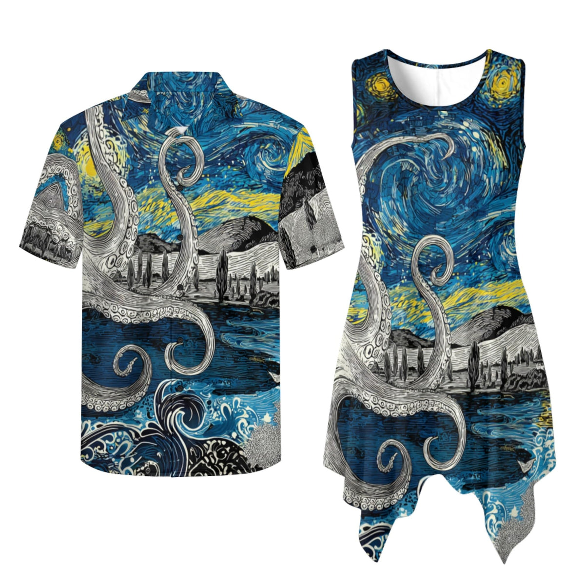 TOADDITDO Couple Shirts and Dress Matching Outfit Womens Sleeveless Flared Mini Sundress or Mens Buttons Hawaiian Aloha Shirt