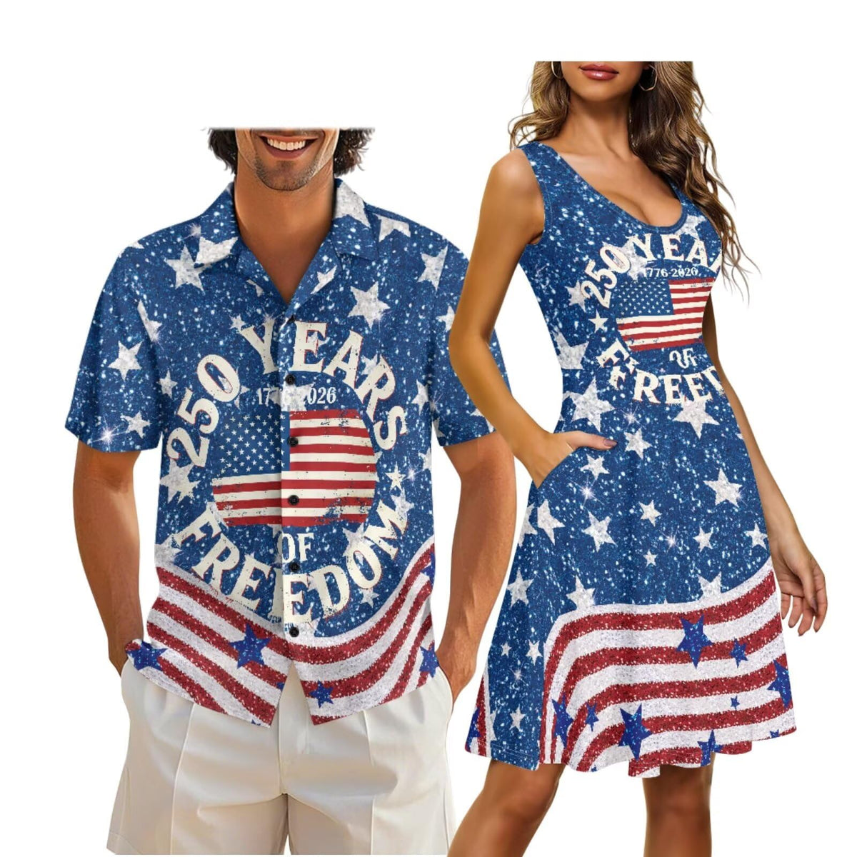 Cozeyat Independence Day Matching Outfits for Couples Mens Short Sleeve Button Down Shirts Womens Sleeveless Dress