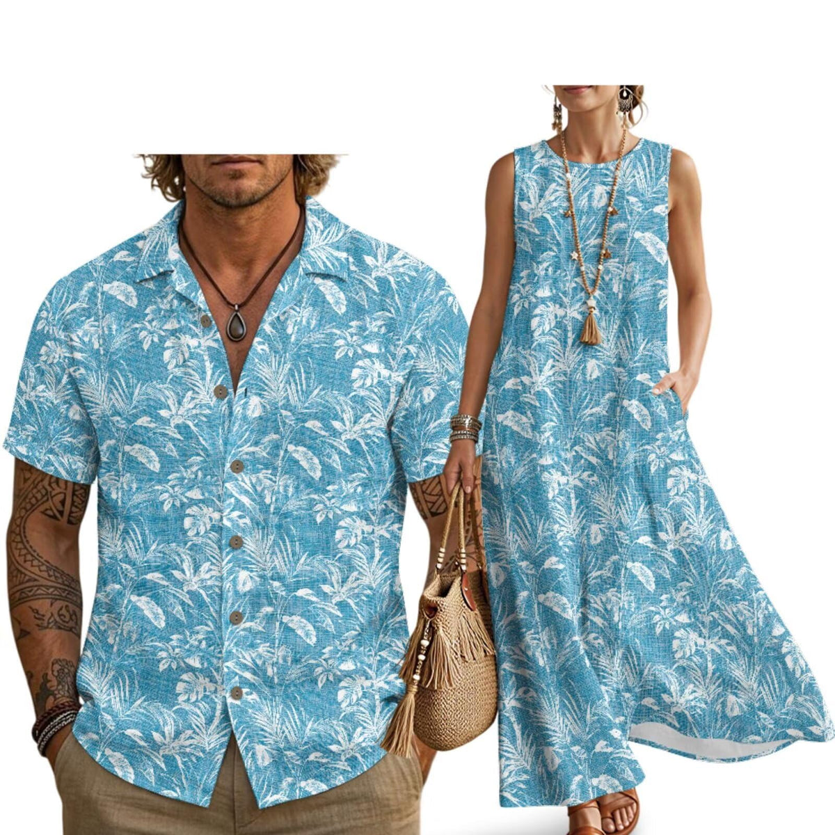 Husband and Wife Clothes Linen Casual Shirt for Men Maxi Dress for Women Summer Dress Matching Vacation Clothes