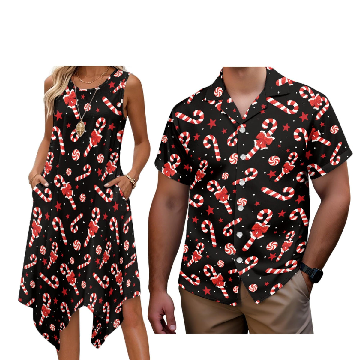 Matching Hawaiian Outfits for Couples Womens Asymmetrical Midi Dress Mens Beach Shirts Short Sleeve Button Up Shirt