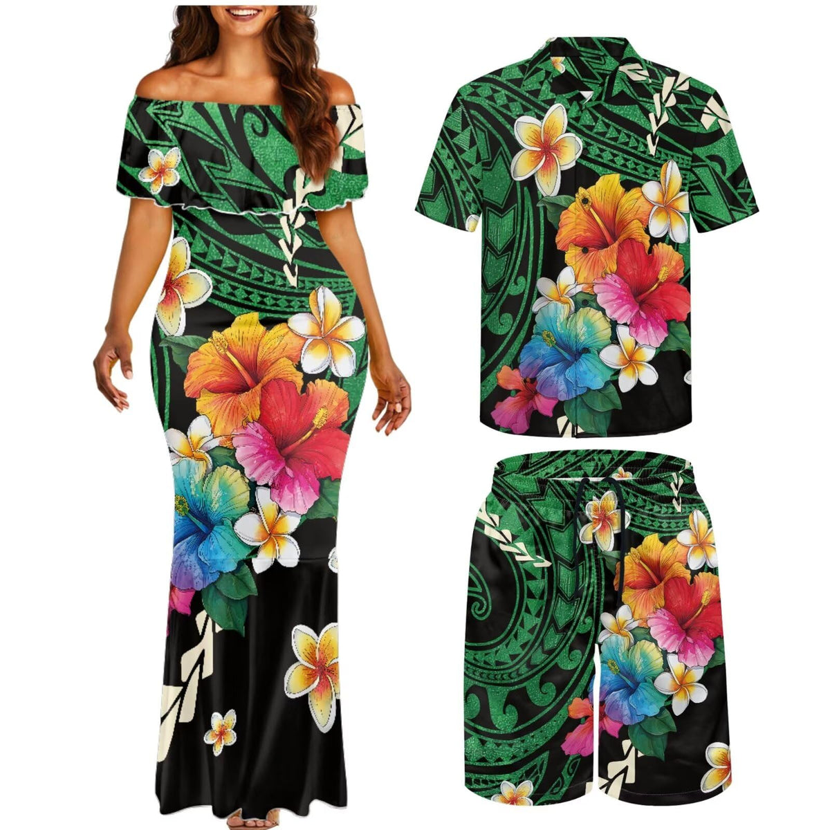 Matchable Couple Hawaiian Polynesian Puletasi Samoa Womens Dress with Mens Shirt and Mens Shorts Couple Set