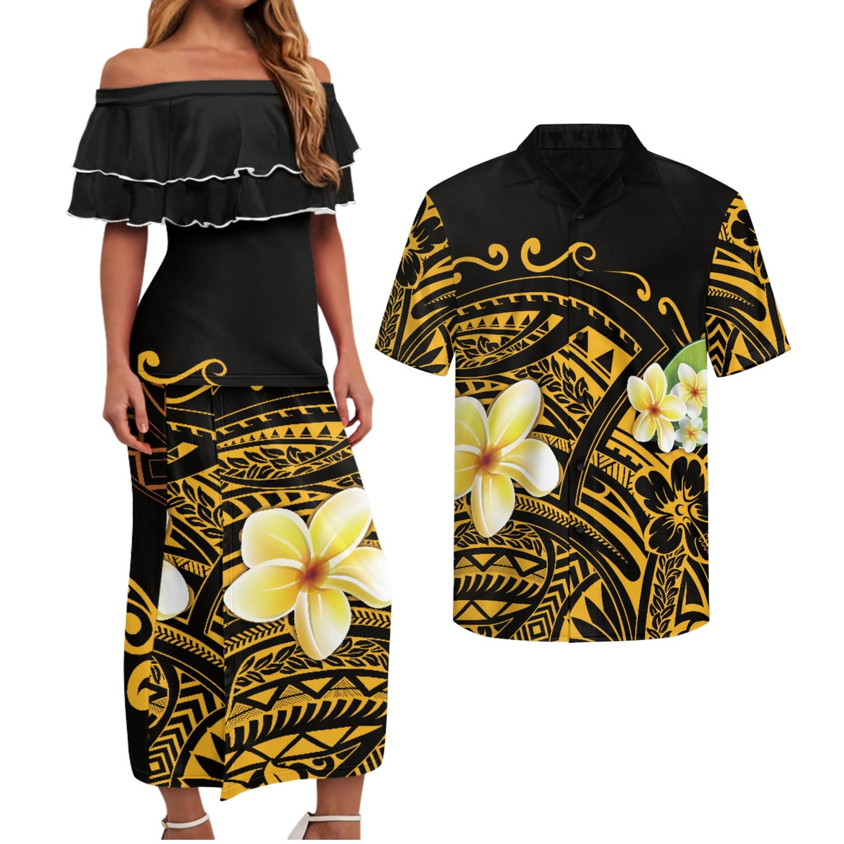 Polynesian Couples Matching Outfits Short Sleeve Puletsai Samoan Traditional Dress & Man Shirts