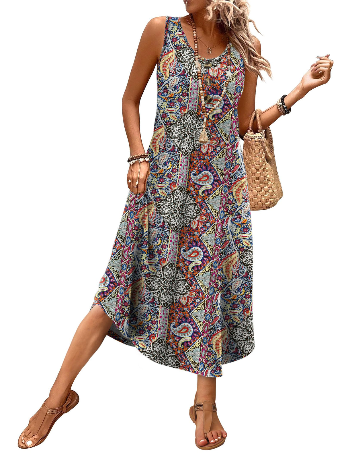 WIHOLL Summer Dresses for Women 2026 Button Front Sleeveless Casual Midi Dress Beach Vacation Sundresses with Pockets